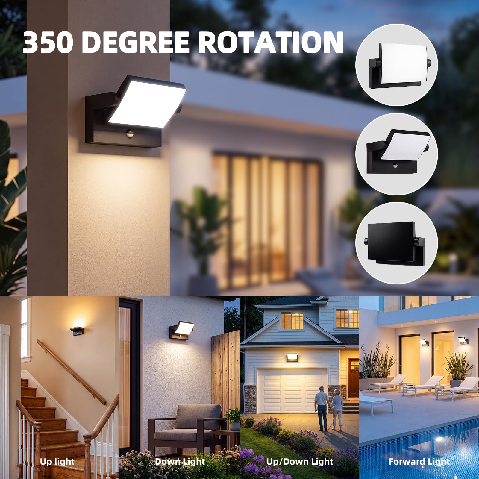 40W Aplique de Pared Exterior con Sensor de Movimiento,4000LM 3000K Blanco Cálido, Negra Aplique Pared Interior Rotación 350°,Impermeable IP65