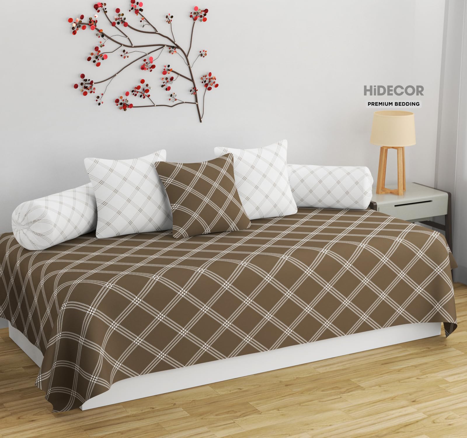 HIDECOR Super Soft Cotton Geometrical diwan Set for Living Room, diwan Set Covers Cotton, diwan Set 6 Pieces One Single Bedsheet with 3 Cushion Cover,2 Bolster (Beige)-image-37