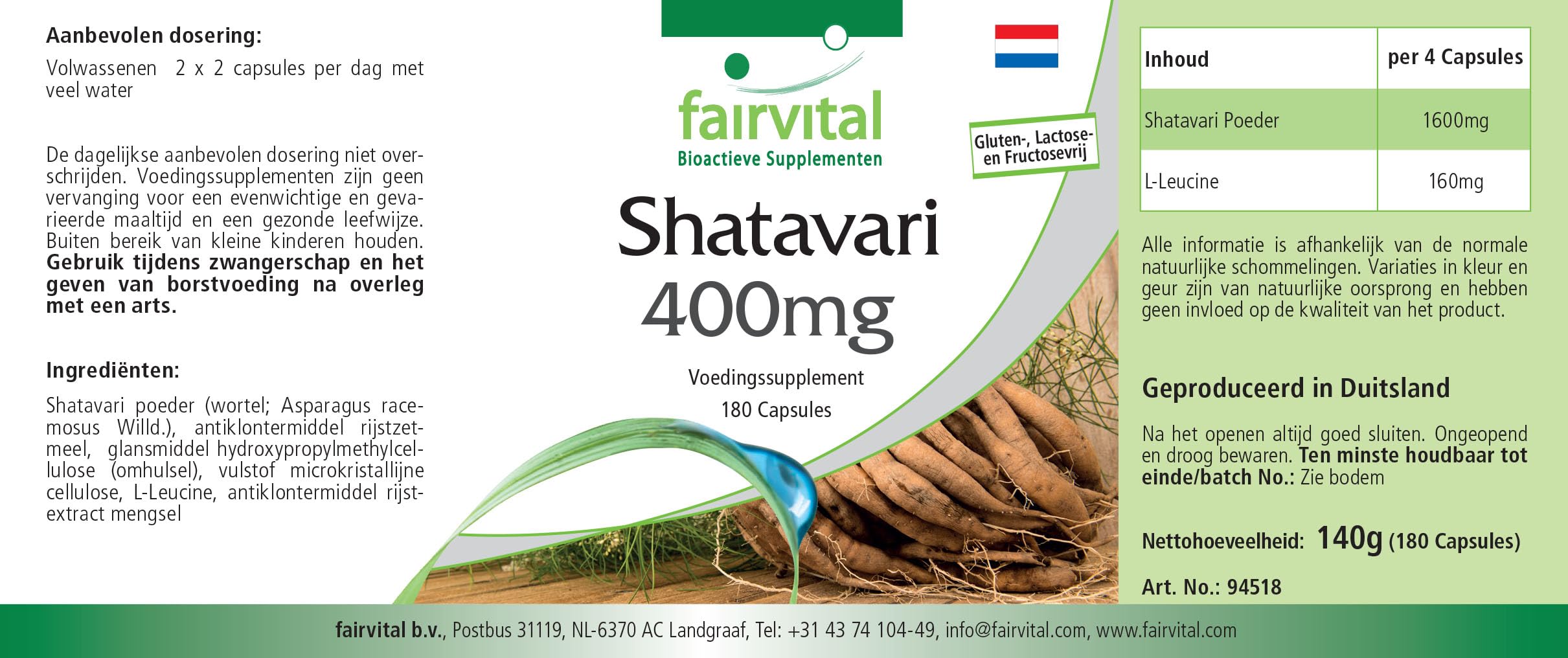 fairvital Shatavari 400mg, 180 gélules, HAUTEMENT DOSÉ, 400mg par gélule, VÉGÉTALIEN, Asparagus racemosus, asperge indienne
