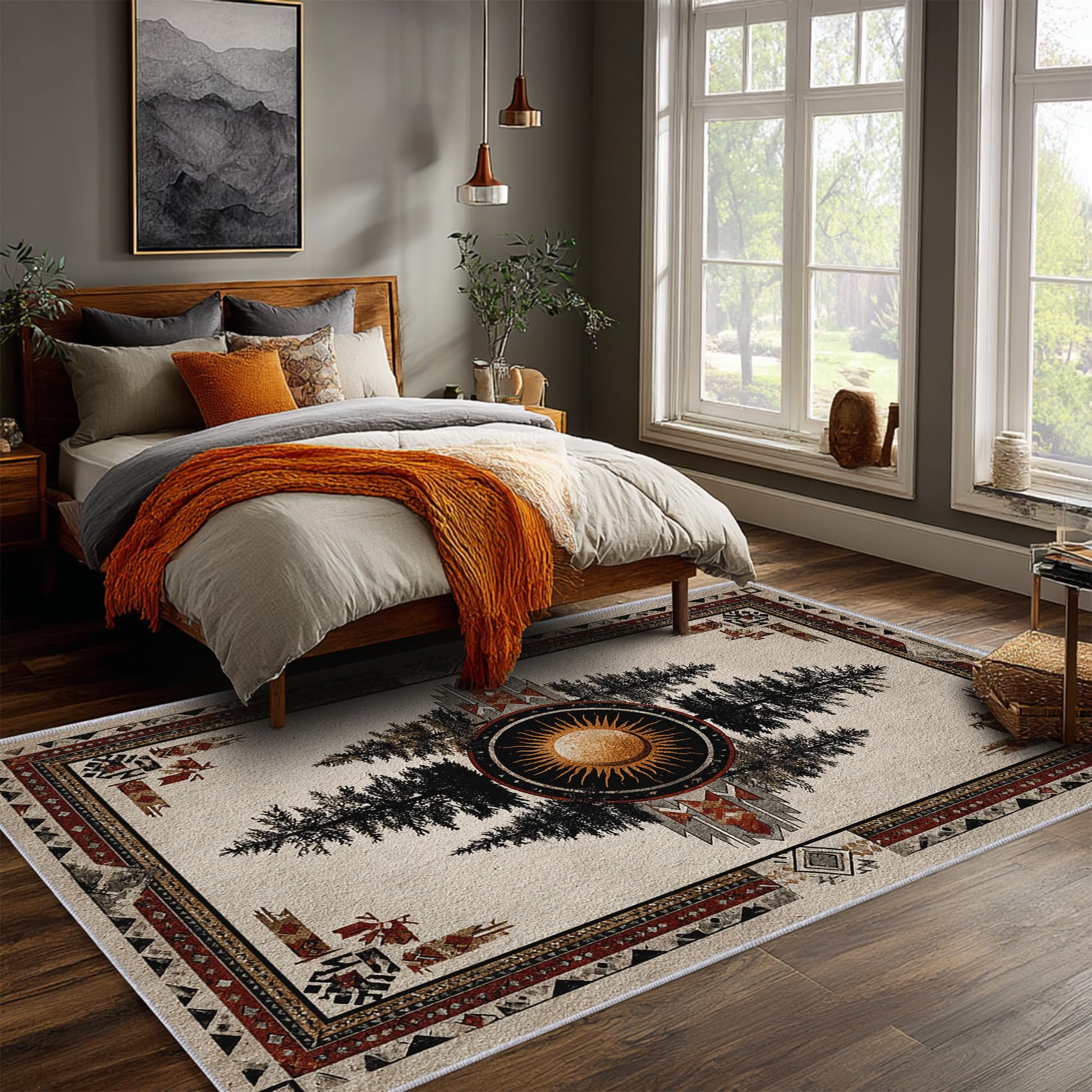 Rustikal Teppich 100 x 150 cm Wohnzimmer Mit Landhausstil Western Indianer Muster, Rustikal Bettvorleger Schlafzimmer Deko, Waschbar Teppiche Gegend Kurzflor rutschfest
