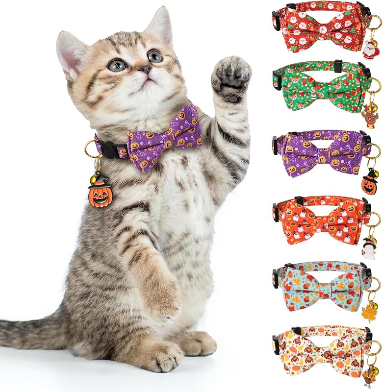 Coleira para Gatos com Laço, Sino e Fecho de Segurança Holiday Cat Collars, Pacote com 6