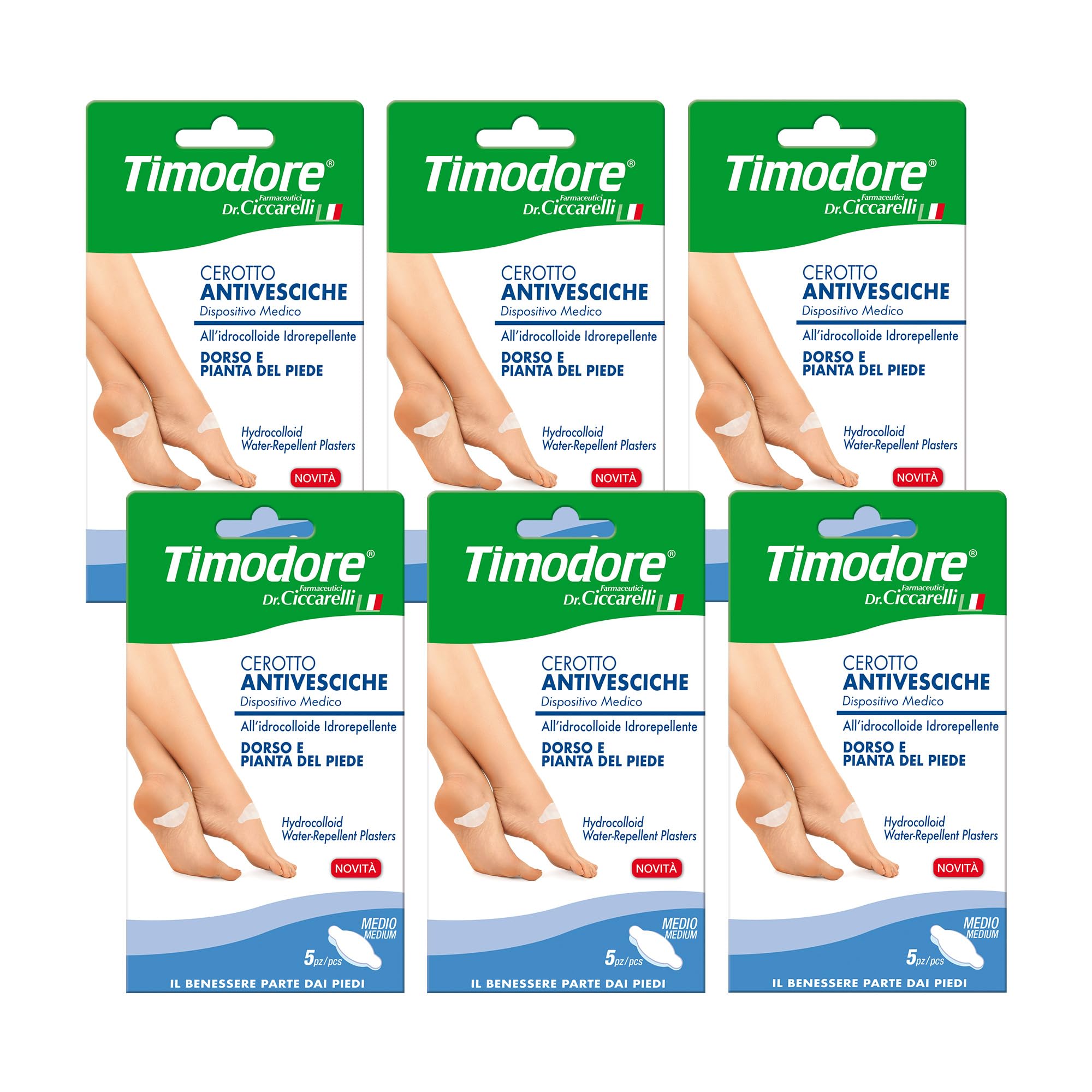 Timodore, Cerotti Antivesciche Formato Medio per Dorso e Pianta del Piede, Elimina la Vescica, Assorbendo i Liquidi in Eccesso, 100% Made in Italy, Dermatologicamente Testato, 6 Confezioni da 5 pz