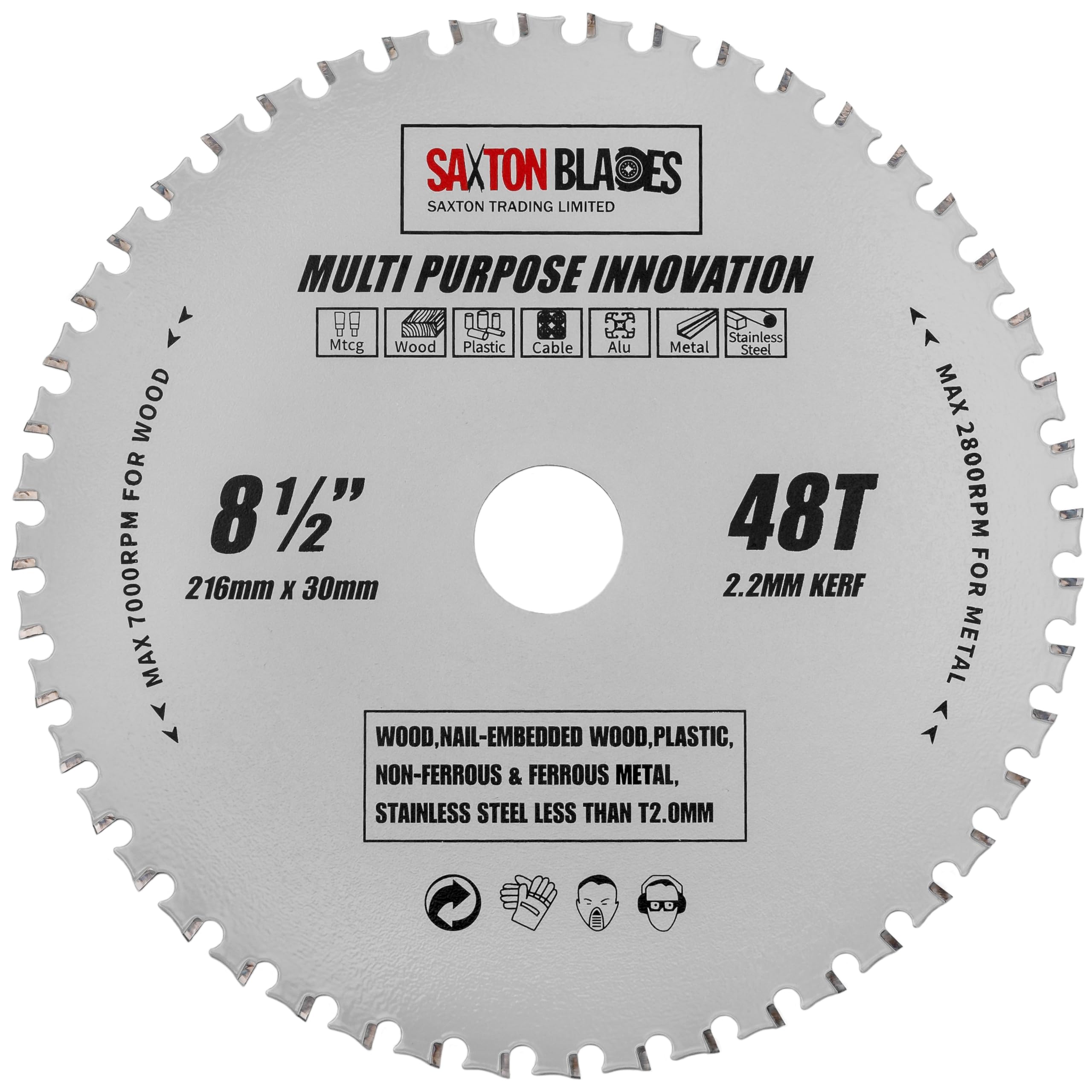 TCT21648TMPT Saxton TCT - Hoja de sierra circular multiusos (216 mm x 48 dientes, para madera y metal, compatible con Bosch, Dewalt, Ryobi, Makita, etc