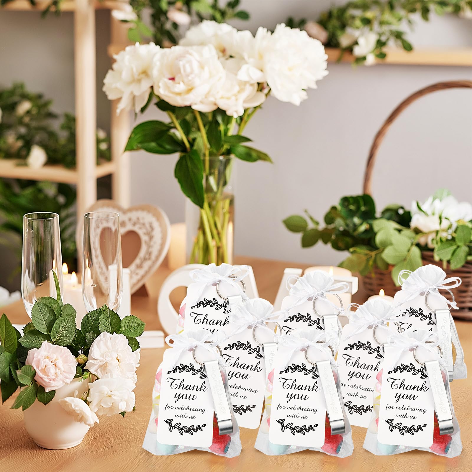 Misdary 100 Sets Hochzeits-Dankeschön-Geschenke für Gäste, inklusive 100 Bierflaschenöffner, Schlüsselanhänger, 100 Dankeskarten, 100 Organza-Beutel für Hochzeit, Brautparty, Geburtstag, Souvenirs,