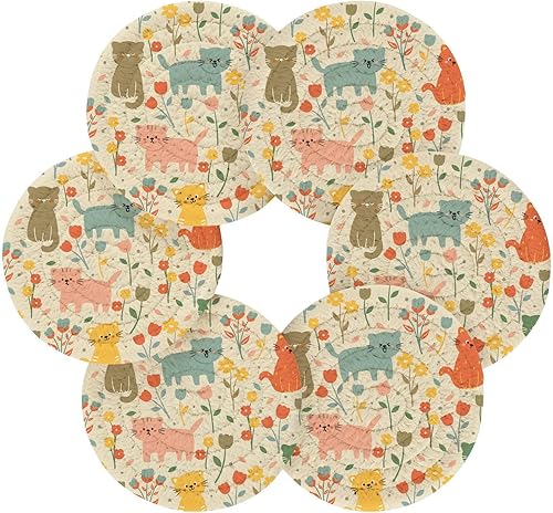 Miniatura 2 de Juego de posavasos con diseño de gatos y flores de dibujos animados con soporte, paquete de 6 posavasos para bebidas absorbentes para el hogar,