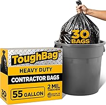ToughBag 55 Gallon Contractor Trash Bags, 2 Mil Thick (30 Count) - Heavy Duty Drum Liners, Industrial & Commercial Black Garbage Bags - Made in USA