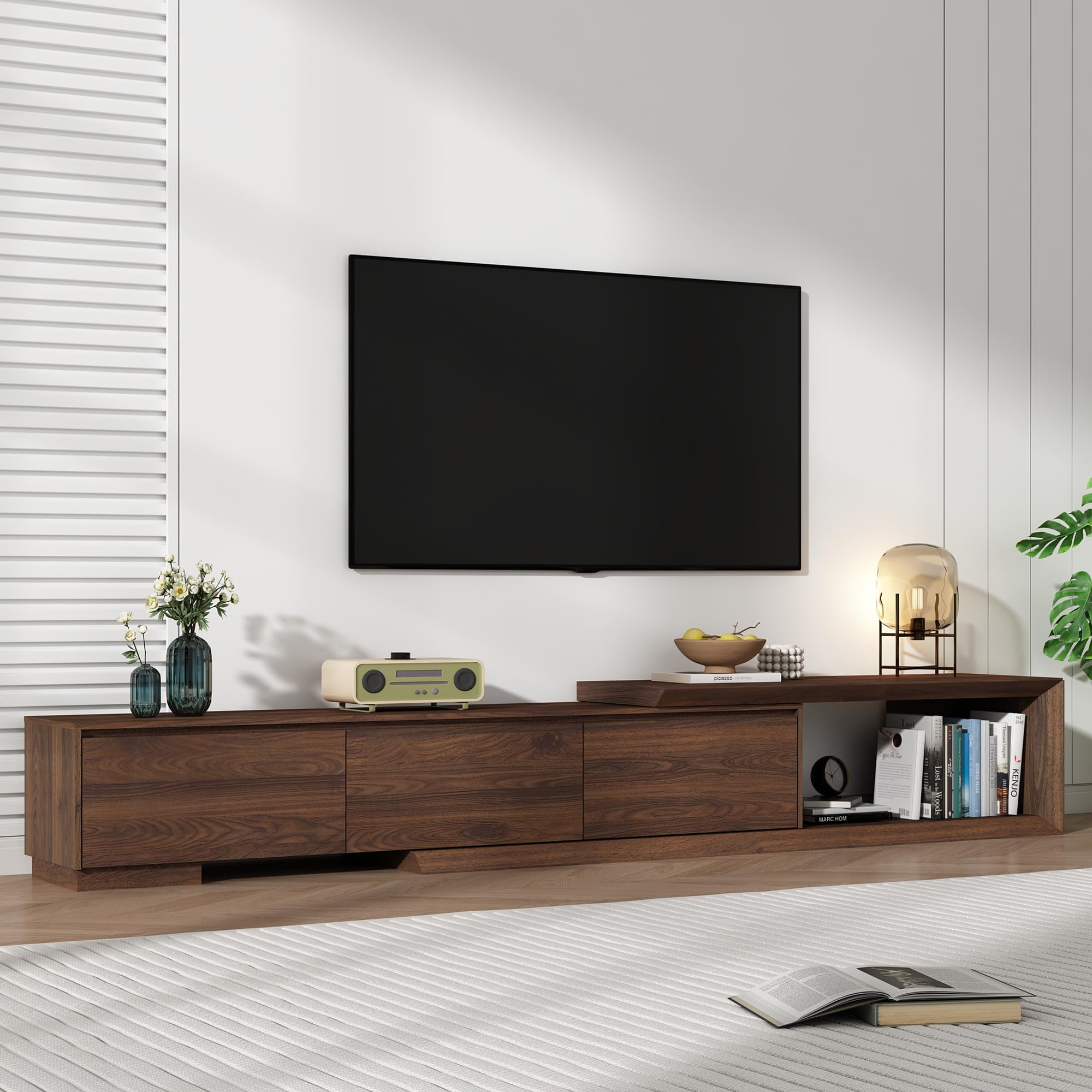 chartustriable Extendable TV Stand with 3 Drawers, 82–107.3 Inch, Walnut