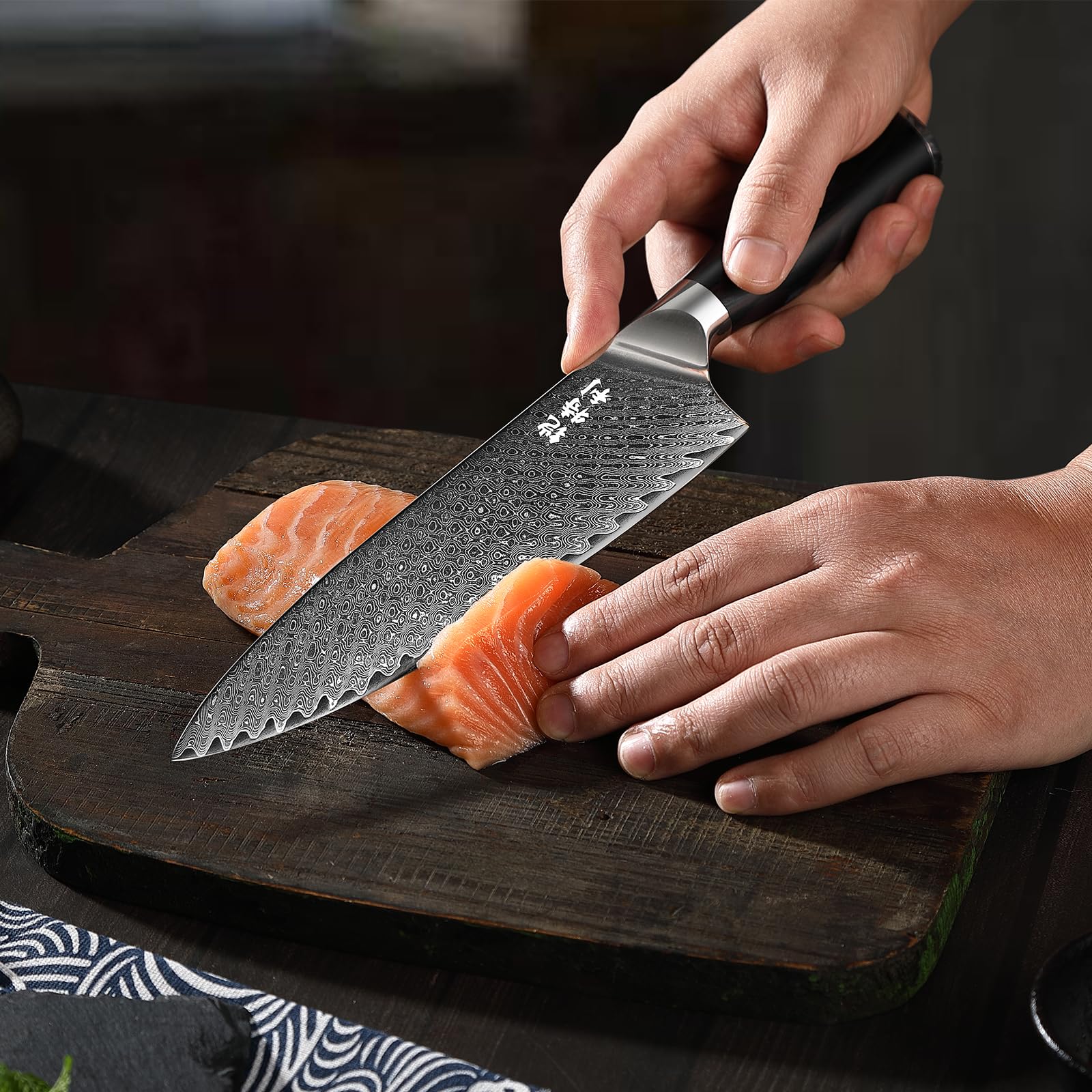 Kitory Cuchillo de Chef Damasco 20cm, Cuchillo Cocina de Acero Damasco de 73 capas, Cuchillo de Cocinero Ultra Afilado con Mango Ergonómico de Madera de Pakka - Serie Pro Damasco