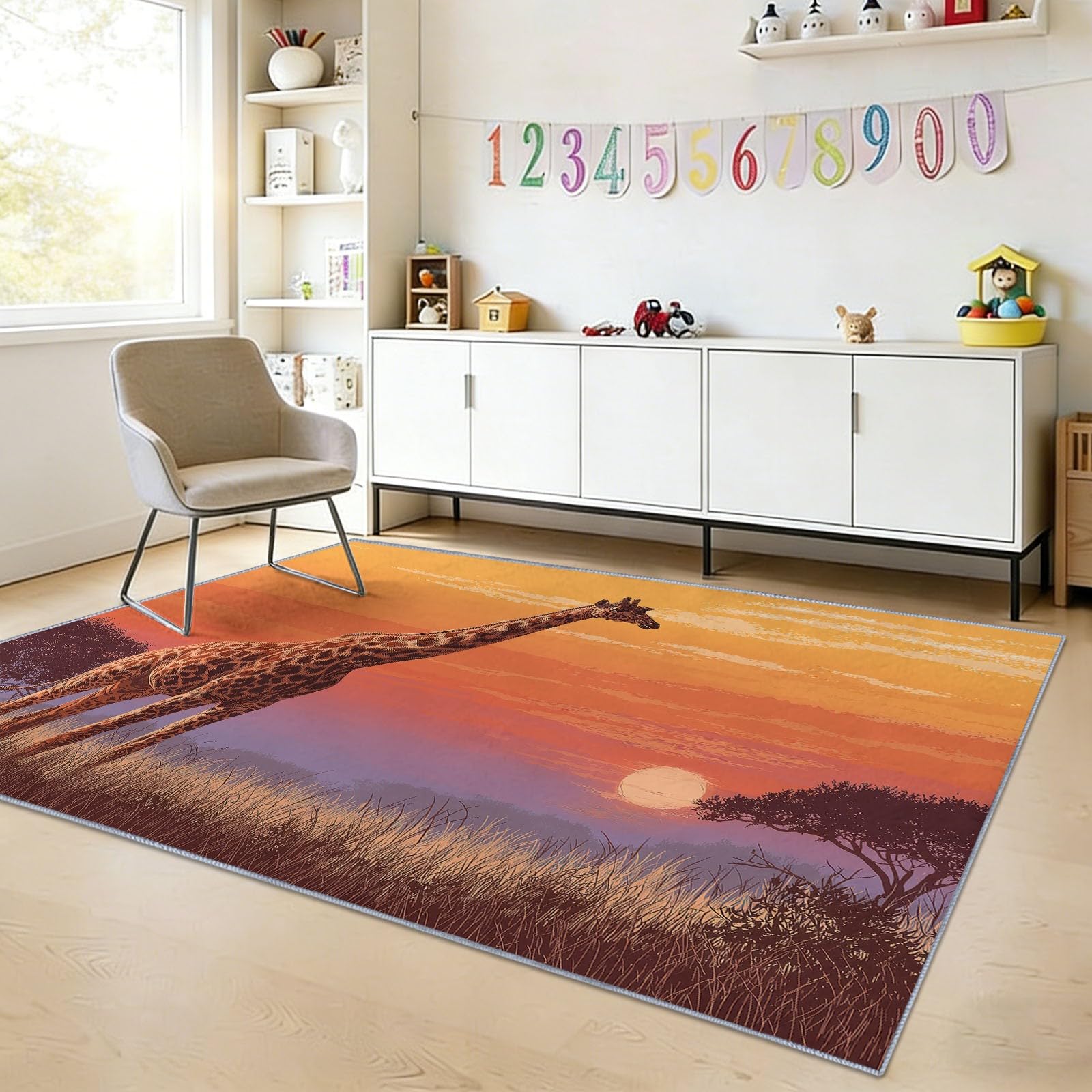 Teppich Wohnzimmer Modern Sonnenuntergangsgiraffe 80x150cm Waschbarer Kurzflor Teppich rutschfest Weich für Flur, Schlafzimmer und Büro, Wohndekoration