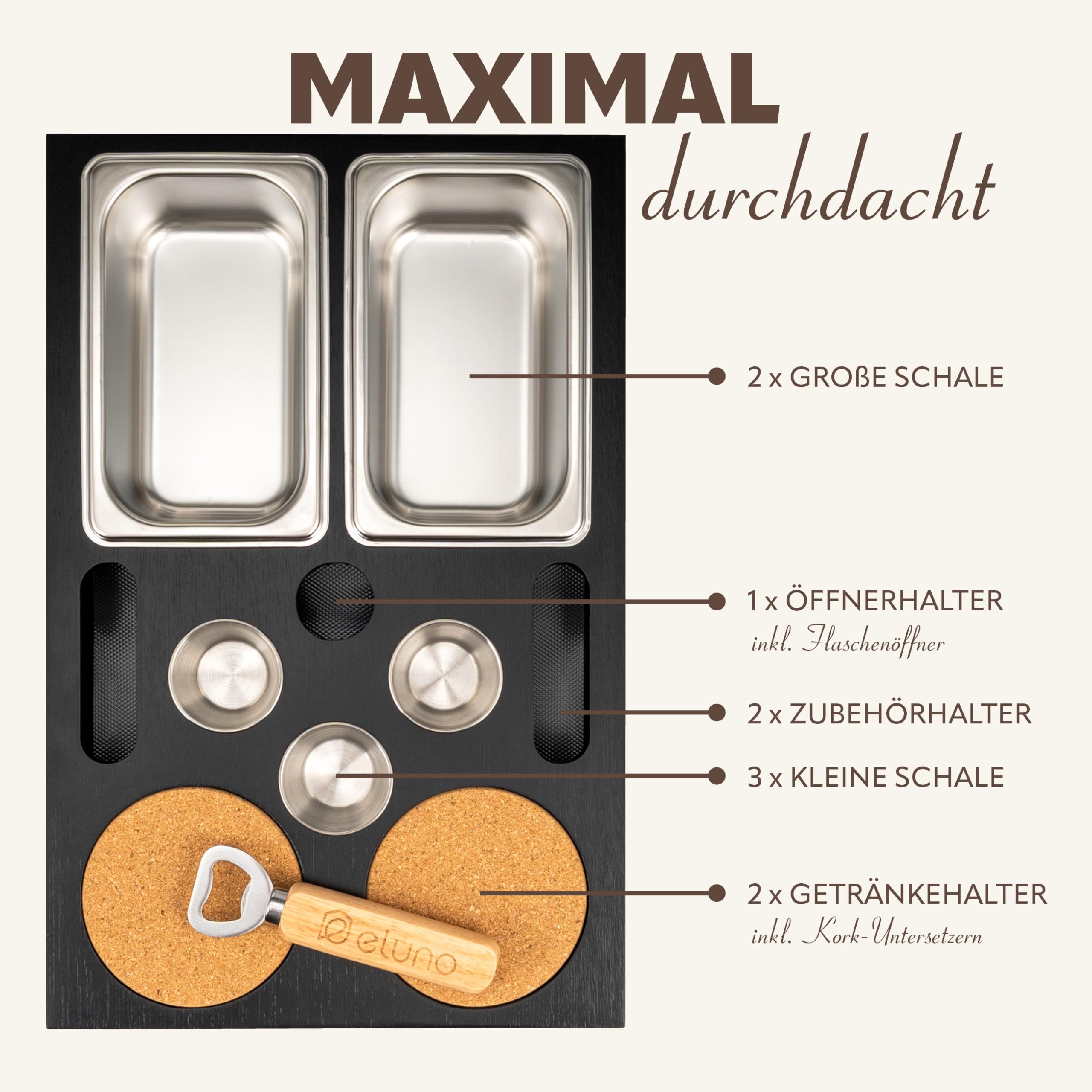 eluno Couchbar mit abnehmbarem, magnetischem Deckel, Serviertablett, inklusive 2 Snackschalen, 3 Dipschälchen, 2 Getränkehalter mit Korkuntersetzer,1 Flaschenöffner aus Bambus (Schwarz)