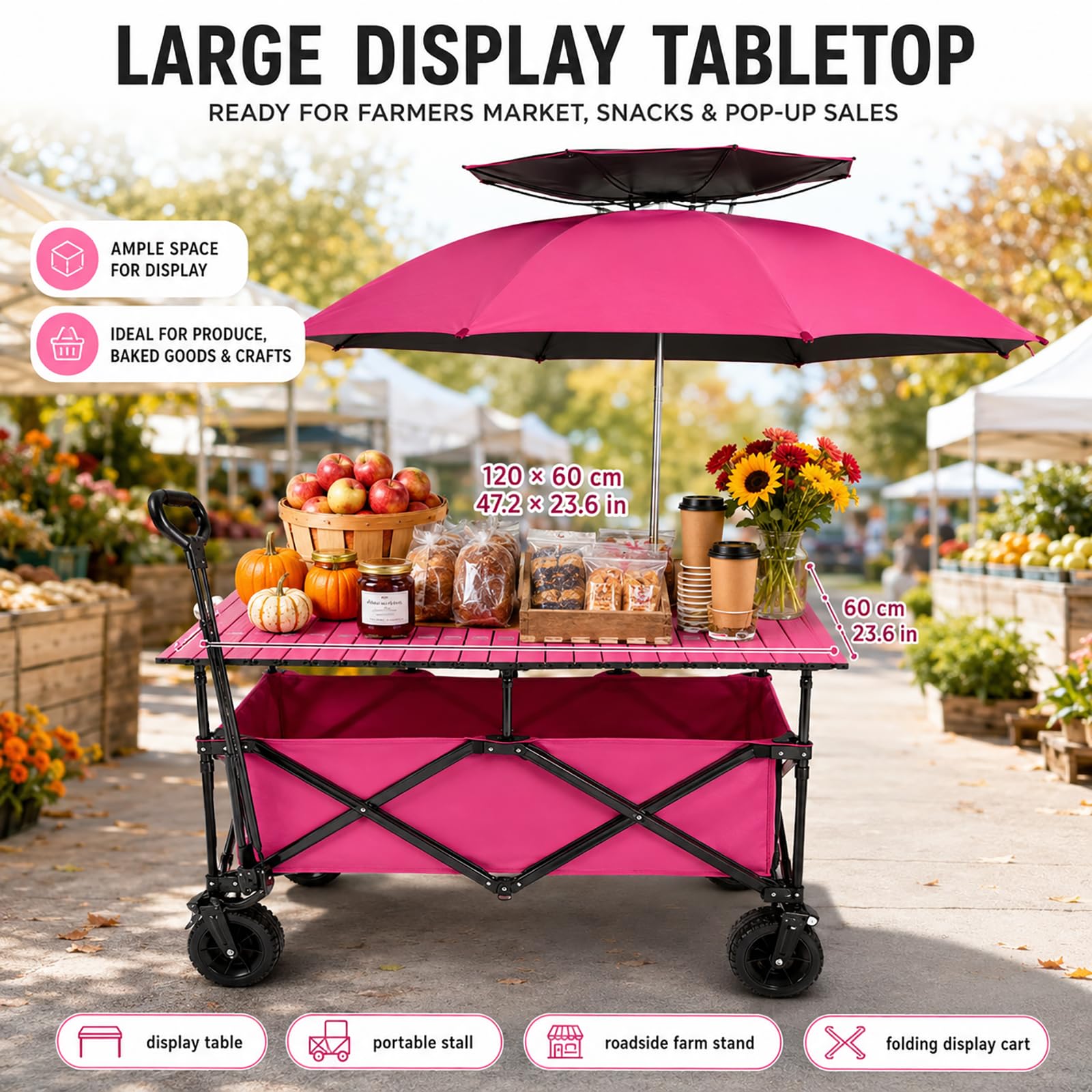 Stand da Mercato Pieghevole, Carrello da Vendita con Tavolo e Ombrellone | Bancarella Mobile con Vano Portaoggetti e Ruote per Mercatini ed Eventi(orange)