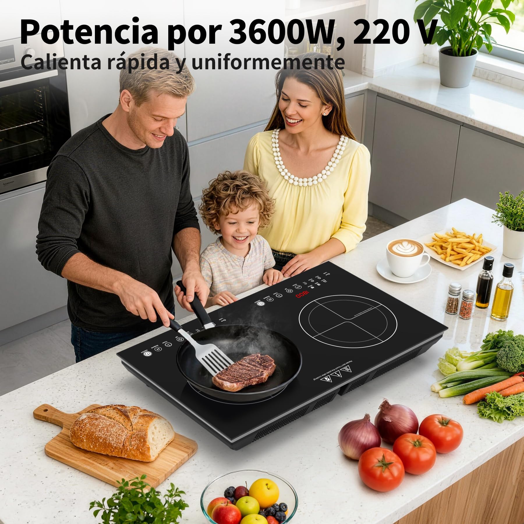 VBGK induccion 2 fuegos，220V 3600W vitro portatil 2 fuegos Con panel de acabado cepillado y control táctil LED, placa de inducción con 9 niveles de potencia, bloqueo de seguridad infantil