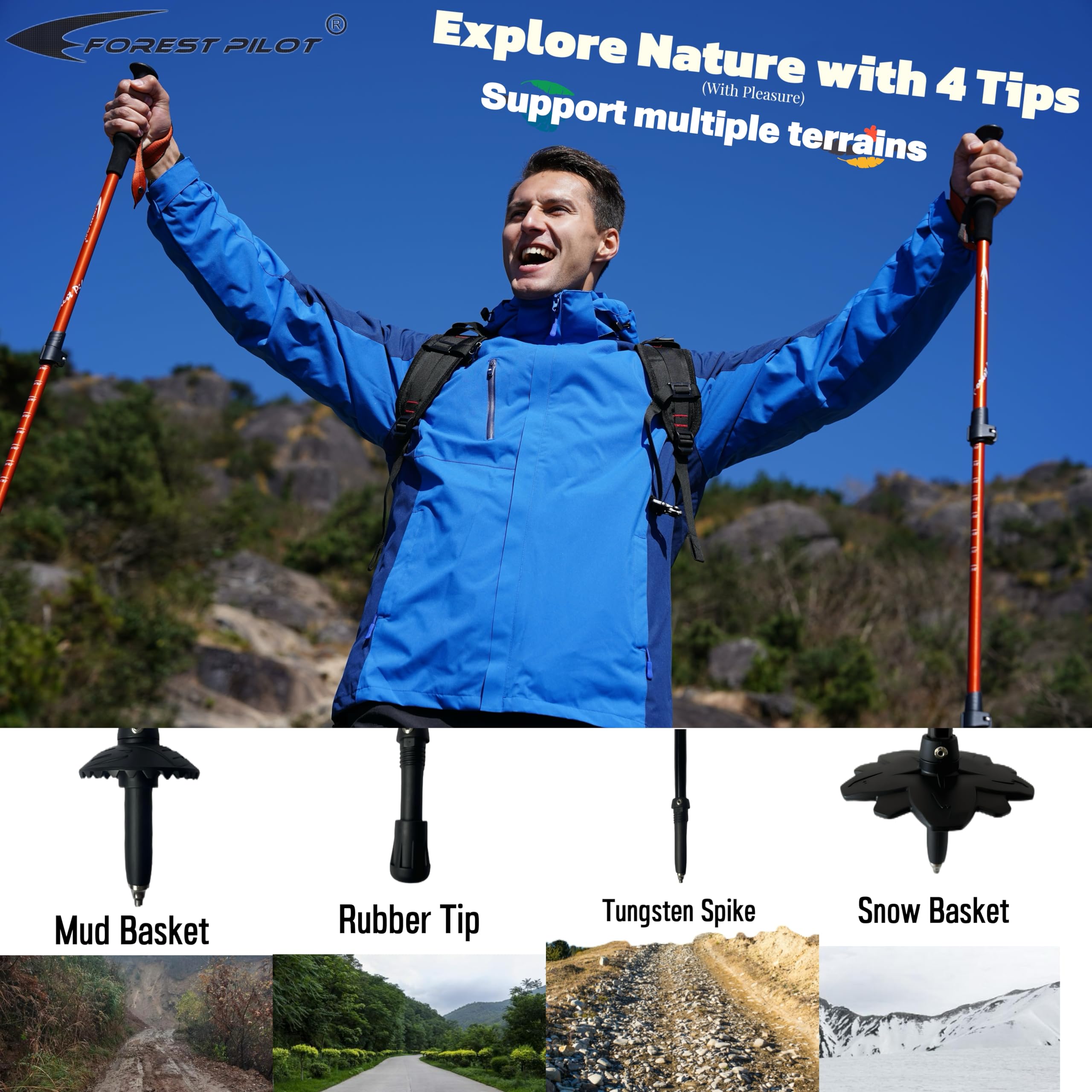 FOREST PILOT Bastones de trekking, aluminio ligero 7075 con cierre abatible y accesorios todo terreno, par de 2 bastones para senderismo con agarre de madera de haya o EVA