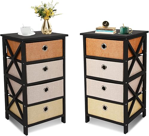 ECOMEX Juego de 2 mesitas de noche con 3 cajones mesita de noche pequeña con cajones de almacenamiento mesita de noche con contenedores de tela