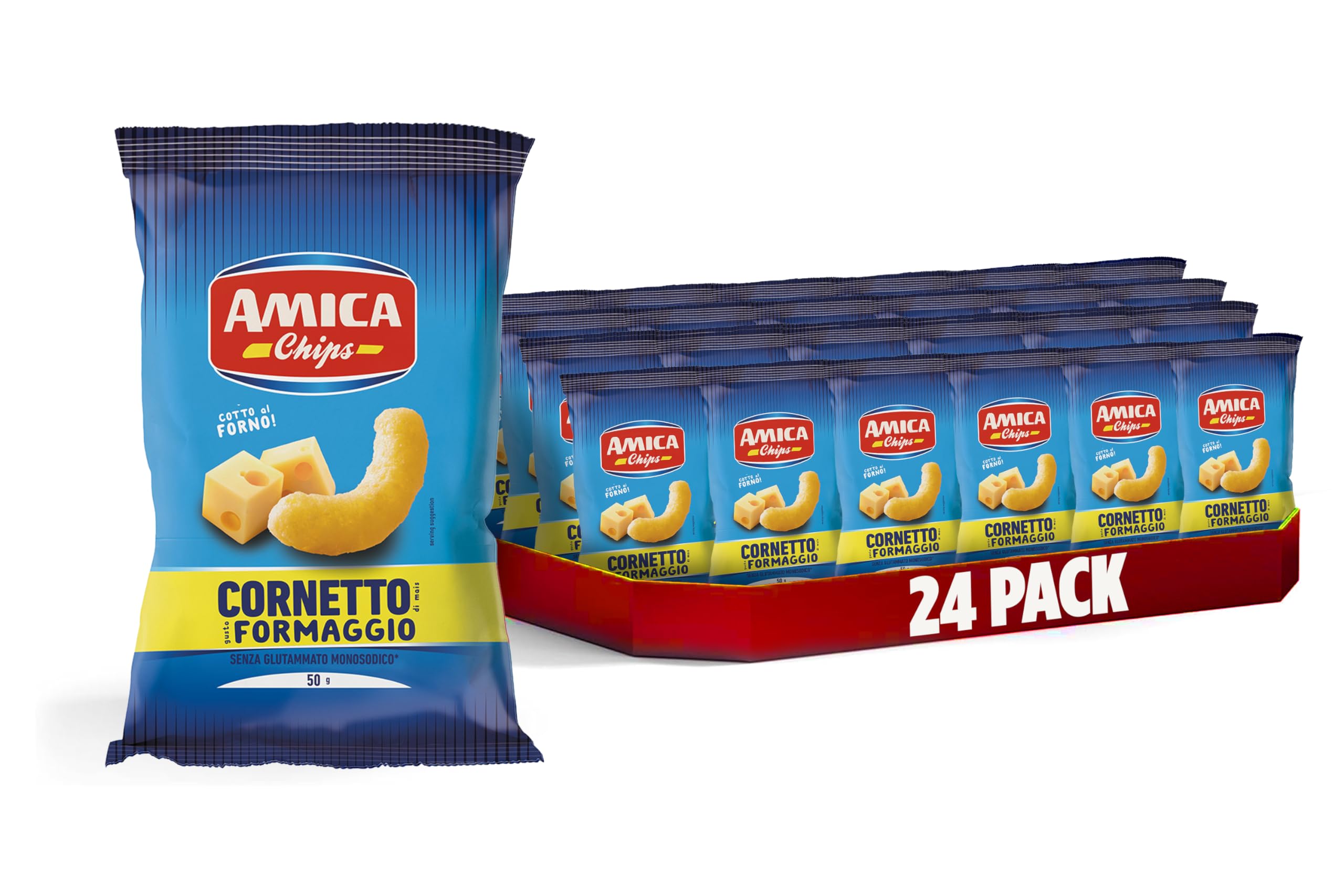 AMICA Chips | Patatine Cornetto al Gusto Formaggio, Snack di Mais Cotto al Forno, Senza Glutammato Monosodico, Con Olio di Semi di Girasole, 24 Pezzi x 50 gr