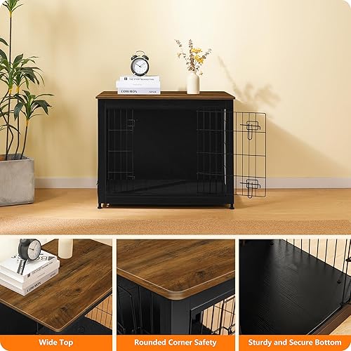 Vista 124 de DWANTON Mueble de jaula para perros con cojín, caja de madera para perros con puertas dobles, muebles para perros, perrera de interior, mesa Negro