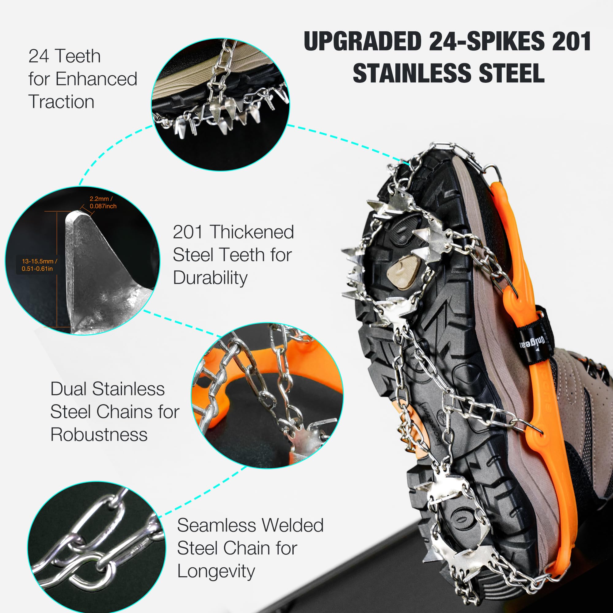Unigear Ramponi da Ghiaccio per Scarponi 24 Denti 201 Copertura in Acciaio con Catene in Acciaio Inossidabile per Camminare su Neve e Ghiaccio