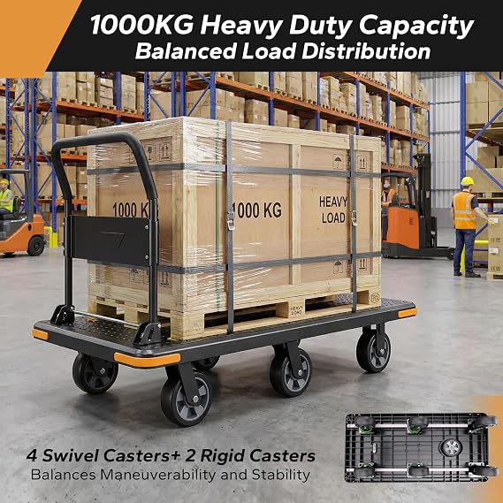 6-Wheel Heavy Duty Folding Trolley 1000 kg Capacity, Platform Trolley with Reinforced Steel Frame for Moving Furniture & Garden Gear, Folds in 3 Seconds for Garage & Workshop