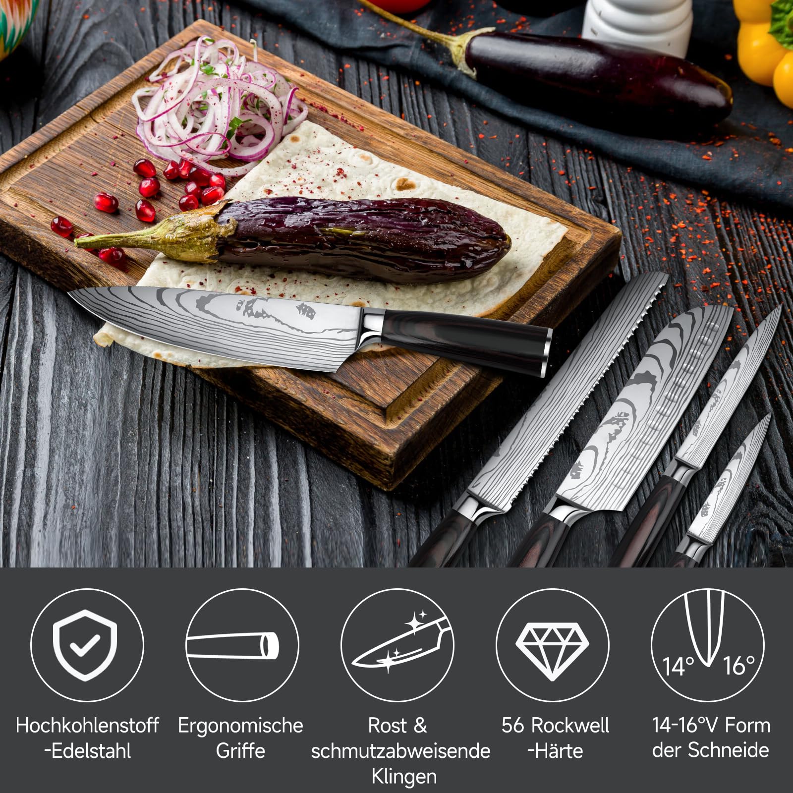 Messerset 5-tlg Küchenmesser Set aus Hochwertigem Edelstahl, Ergonomischen Griff, Profi Messer Set mit Kochmesser, Brotmesser, Santoku Messer, Allzweckmesser, Gemüsemesser-Geschenkbox