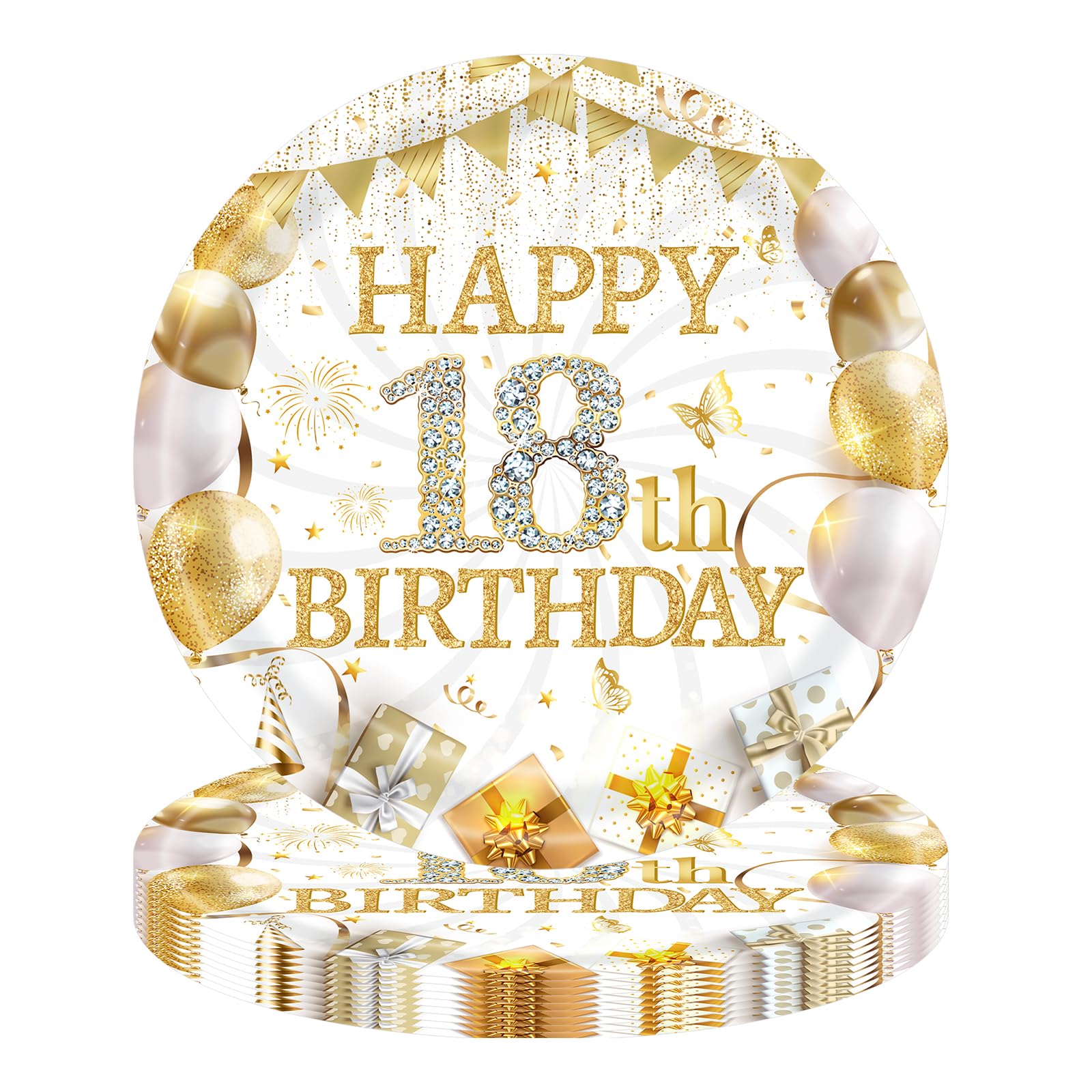 YESAH 16 Pcs Birthday Party Paper Plates,18th White Gold Paper Plates for Birthday,9in,Party Plate for Men,Women,Him,Her Birthday Party Decorations and Supplies Table Decor for 16 Guests — image 1