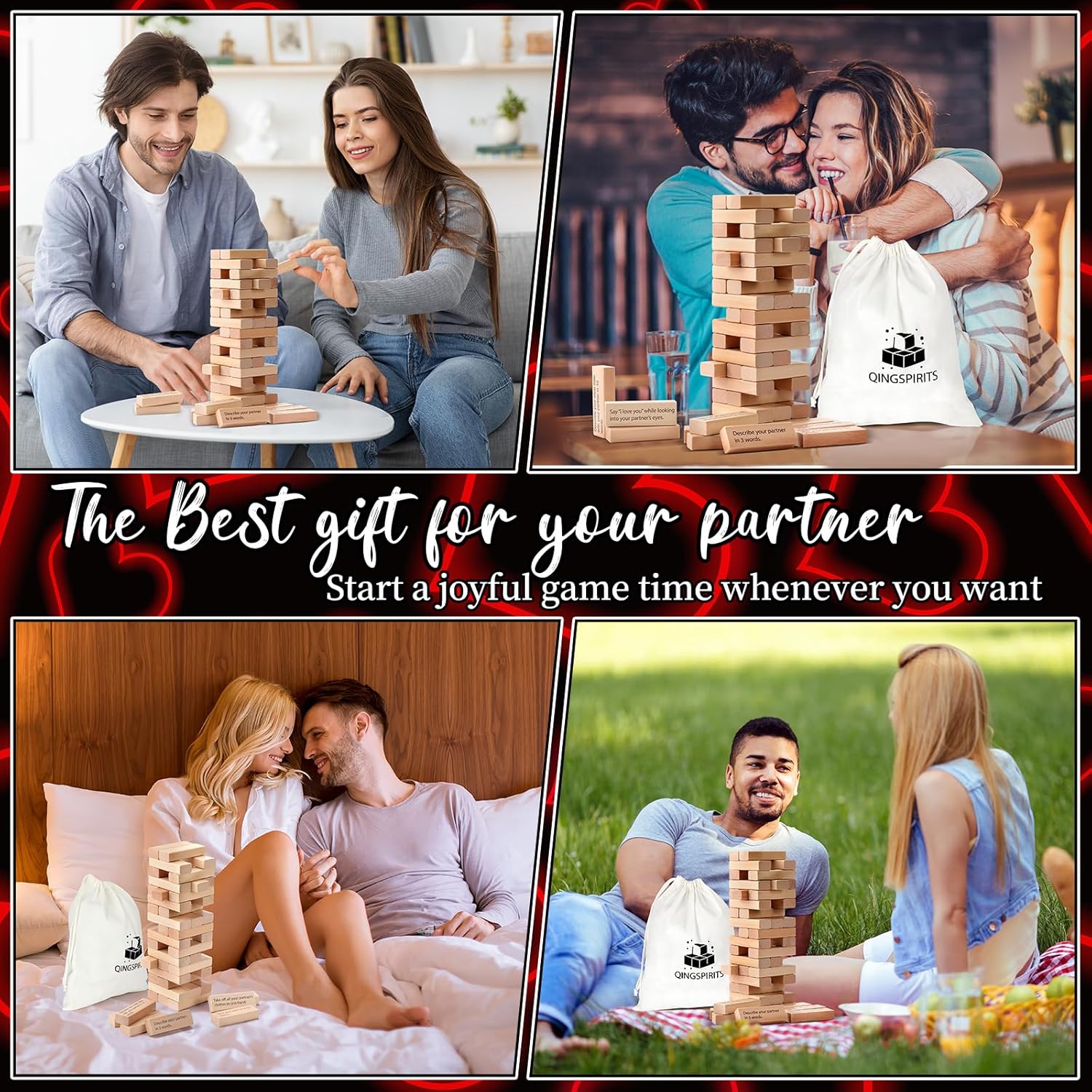 Super Fun Tumble Tower Game for Couples Grown Ups Valentines Gifts, 54pcs Exciting Date Night Stacking Wooden Blocks Talking Challenge Dare Anniversary Games for Your Partner, Only Adults 17+