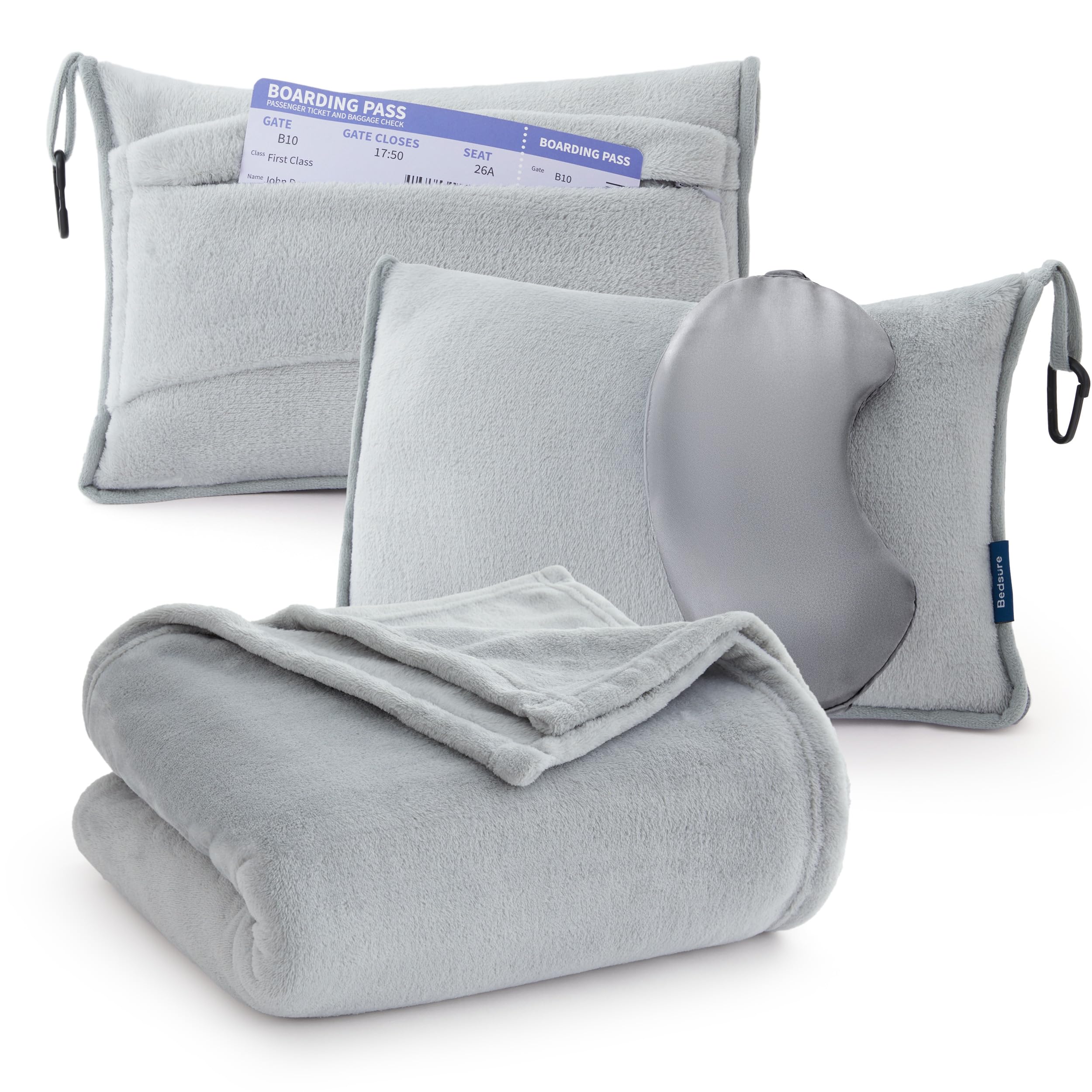 Bedsure Travel Blanket Airplane Compact with Storage Bag, Packable Blanket with Eye Mask, Lightweight 3-in-1 Travel Essentials, Functioned as Pillow for Airplane Comfort and Warmth, Grey