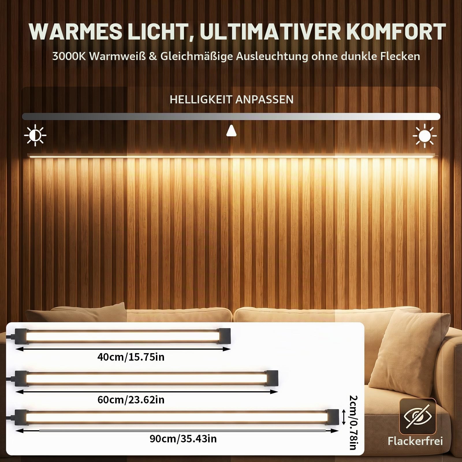LED für Akustikpaneele — 40/60/90cm*2 Warmweiß Dimmbar LED Akustikpaneele Beleuchtung, selbstklebende Lichtleiste mit Touch-Sensor für Akustikpaneele, TV-Wand, Schränke, Kleiderschränke