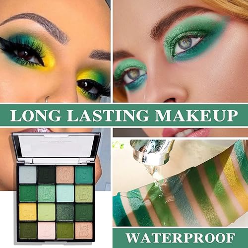 Miniatura 4 de Paleta de sombra de ojos de colores verdes de 15 colores altamente pigmentados en polvo amarillo mate sombra de ojos paleta de maquillaje mezclable