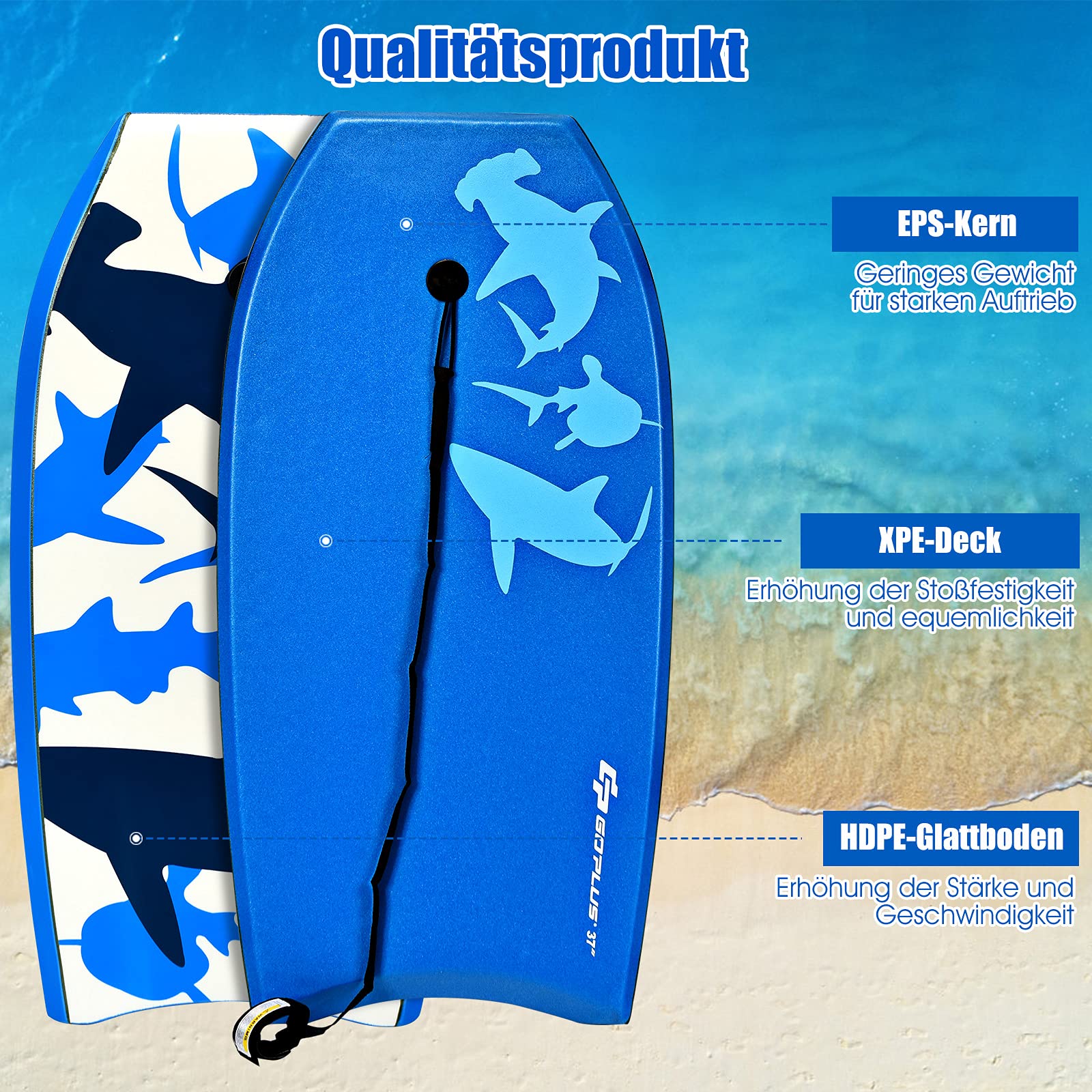 RELAX4LIFE Schwimmbrett tragbar, Schwimmboard mit Halteleine, Rutschfestes Surfbrett für Kinder & Erwachsene, Hohe Belastbarkeit, Bodyboard Shortboard, XPE HDPE