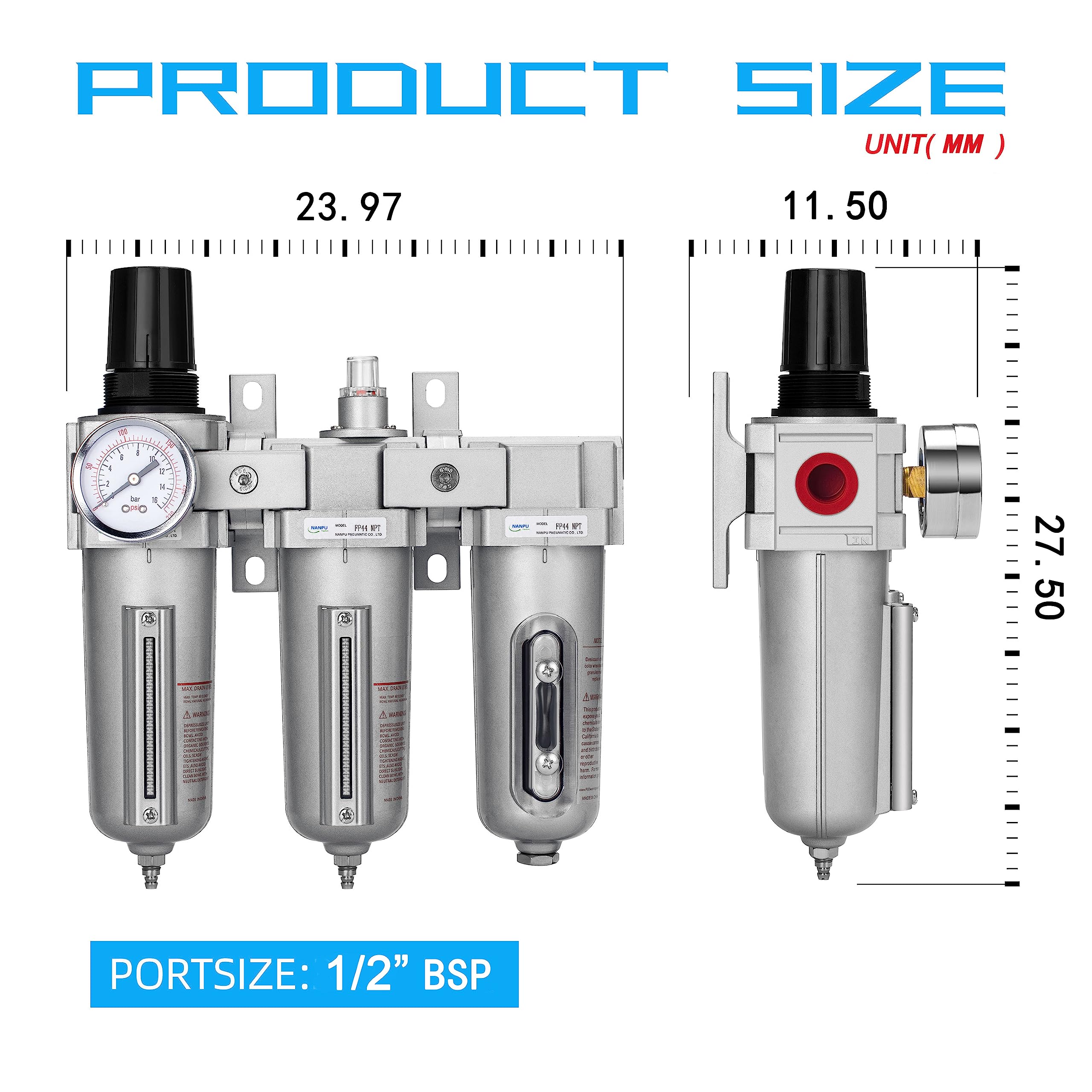 NANPU 1/2" BSP Sistema de Secado de Aire de Grado Industrial de 3 Etapas - Filtro de Partículas, Filtro Coalescente, Secador de Adsorción y Regulador de Aire, Recipiente Metálico, Drenaje Manual