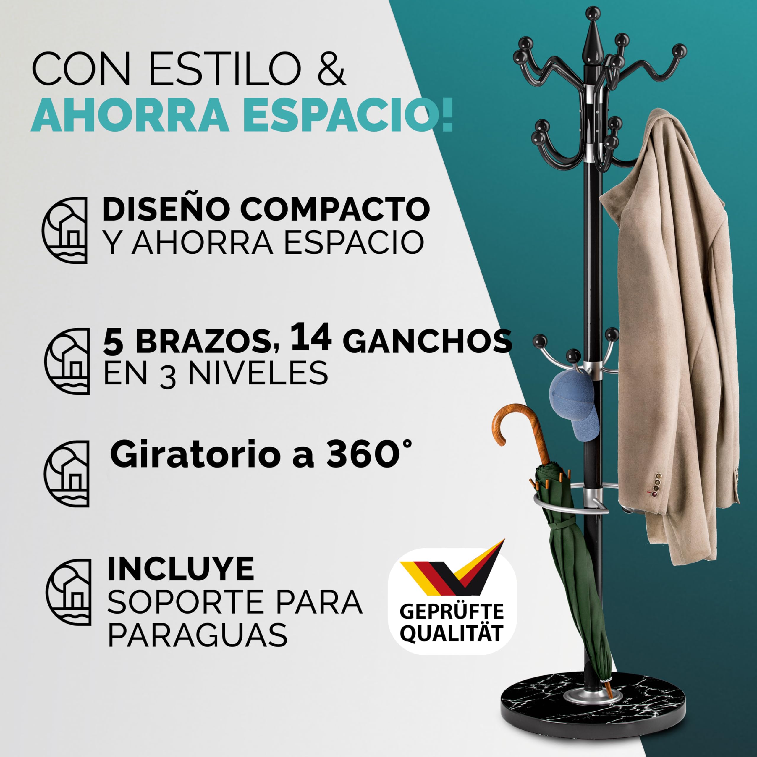 CASARIA® Perchero de Pie, Forma de Árbol, 14 Ganchos, Base Mármol, para Pasillo Recibidor Entrada, Colgador Chaquetas Sombreros Ropa Resistente Bolsos 175x37cm