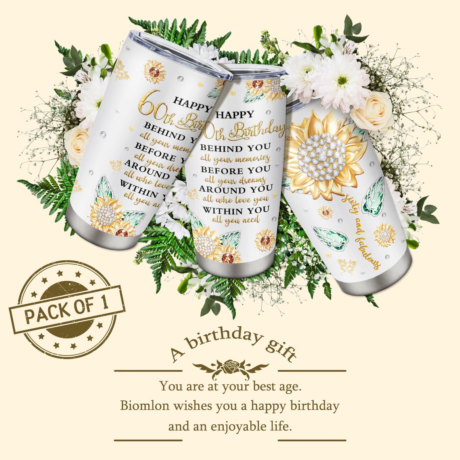 60th Birthday Gifts for Women Tumbler 20oz, Happy 60th Birthday Decorations, 60 Year Old Gifts for Women/Her/Mom/Grandma