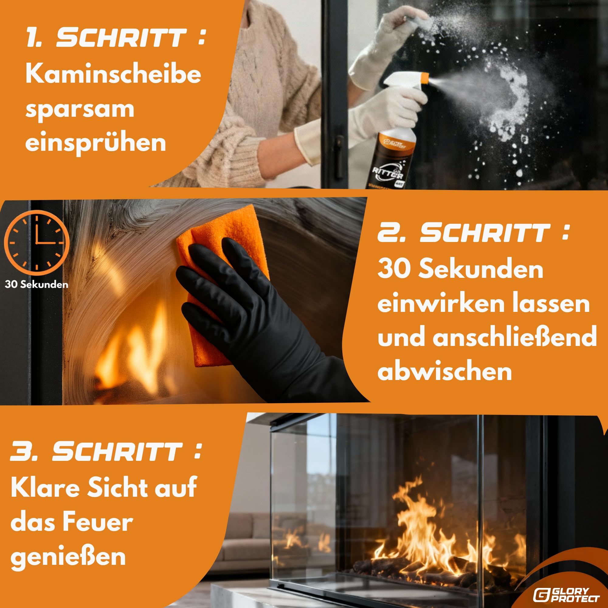 Kaminscheibenreiniger Klare Sicht 750ml XXL Flasche | Entfernt Ruß | Starker Reiniger für Kaminglas & Ofenglas | Sofortwirkung bei verrußter Scheibe, löst Fette & Verschmutzung