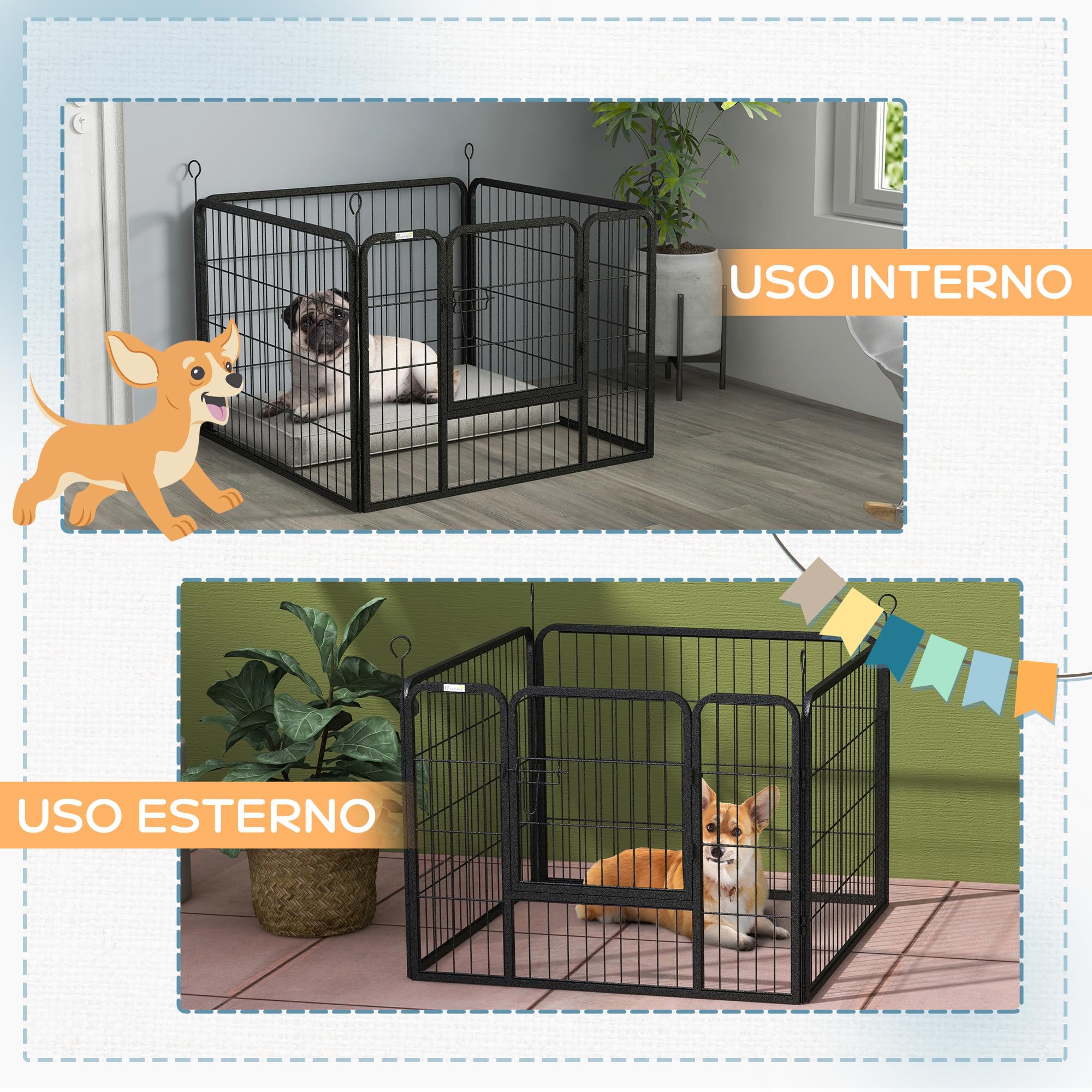 PawHut Recinto per Cani Pieghevole in Metallo, per Interno ed Esterno con Porta con Catenaccio e Picchetti, 82x82x60cm Grigio