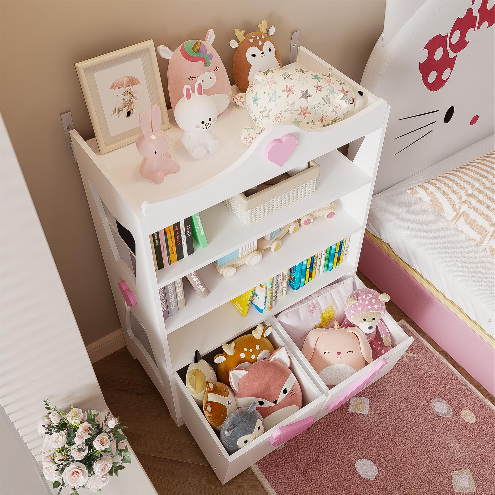 Timy Kids Bookcase 4-Tier Toy Storage Organizer Multifunctional Bookshelf with 2 Movable Drawers Bookcase Toy Storage Cabinet Display Stand for Bedroom