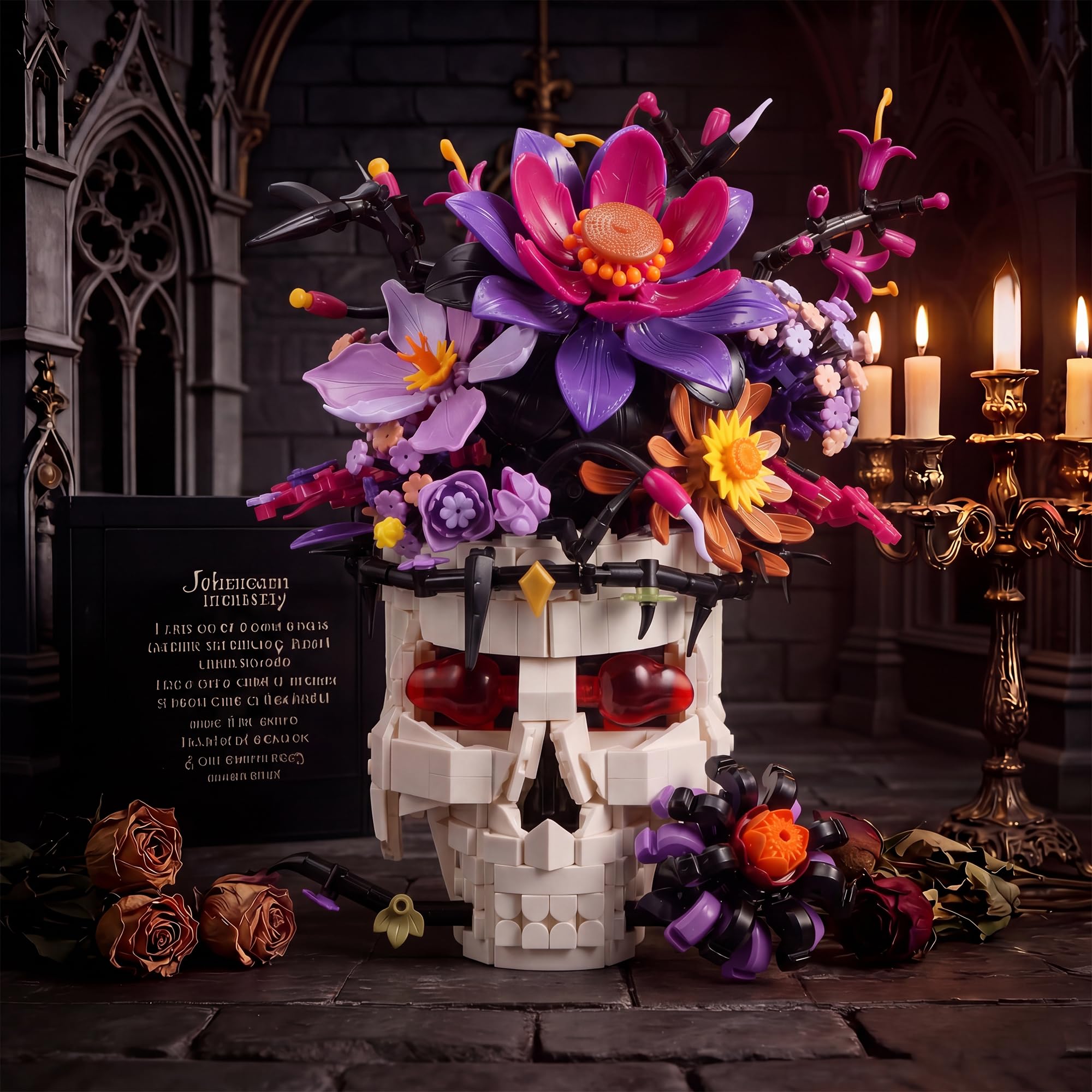 Goldlife Gothic Klemmbausteine Blumen mit Totenkopf-Vase, Blumenstrauß Bausteine für Erwachsene Frauen, Valentinstag Halloween Geburtstag Totenkopf Geschenke, Gothic Deko (Rose)