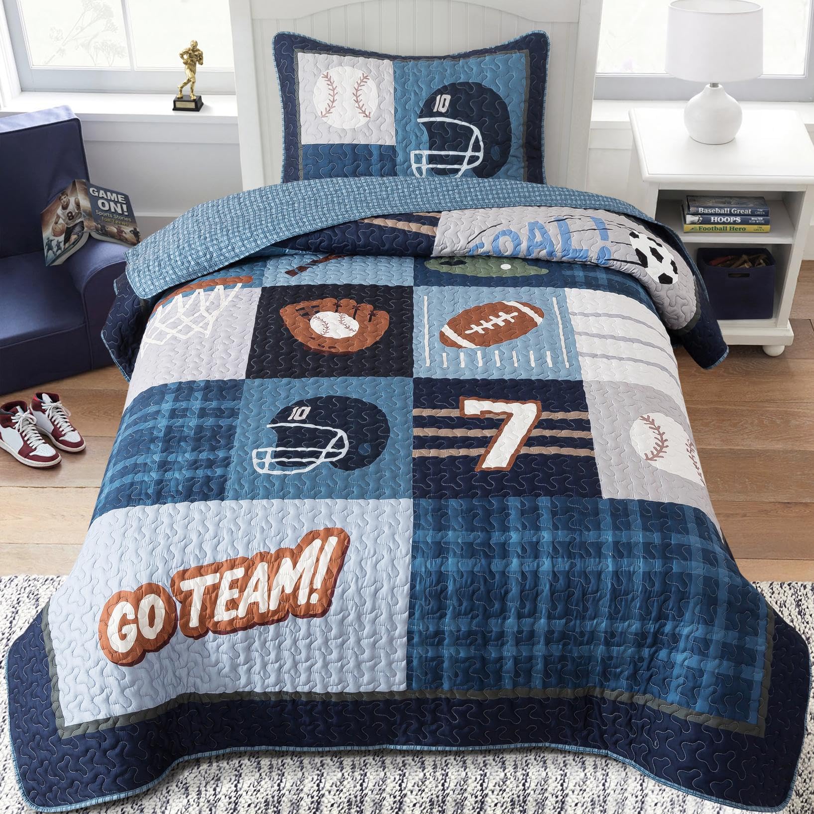 Soul &amp; Lane - Sports Quilt Set for Boys, Football Baseball, Twin and 1 Sham