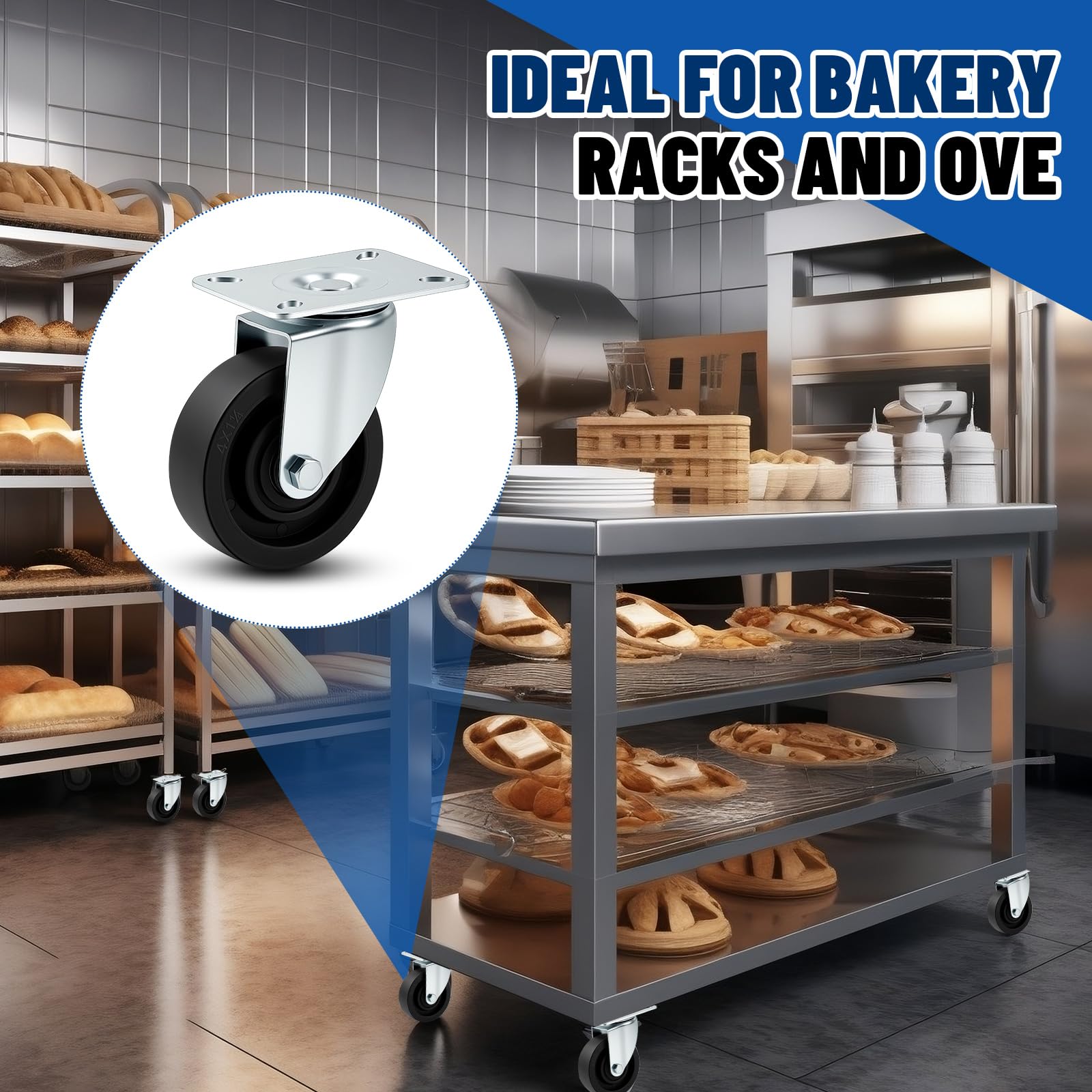 Set di 4 ruote girevoli da 4 pollici per carrelli da panetteria, resistenti alle alte temperature (446°F), in acciaio zincato, per forno e panetteria, portata massima 1200 libbre, per carrelli e va
