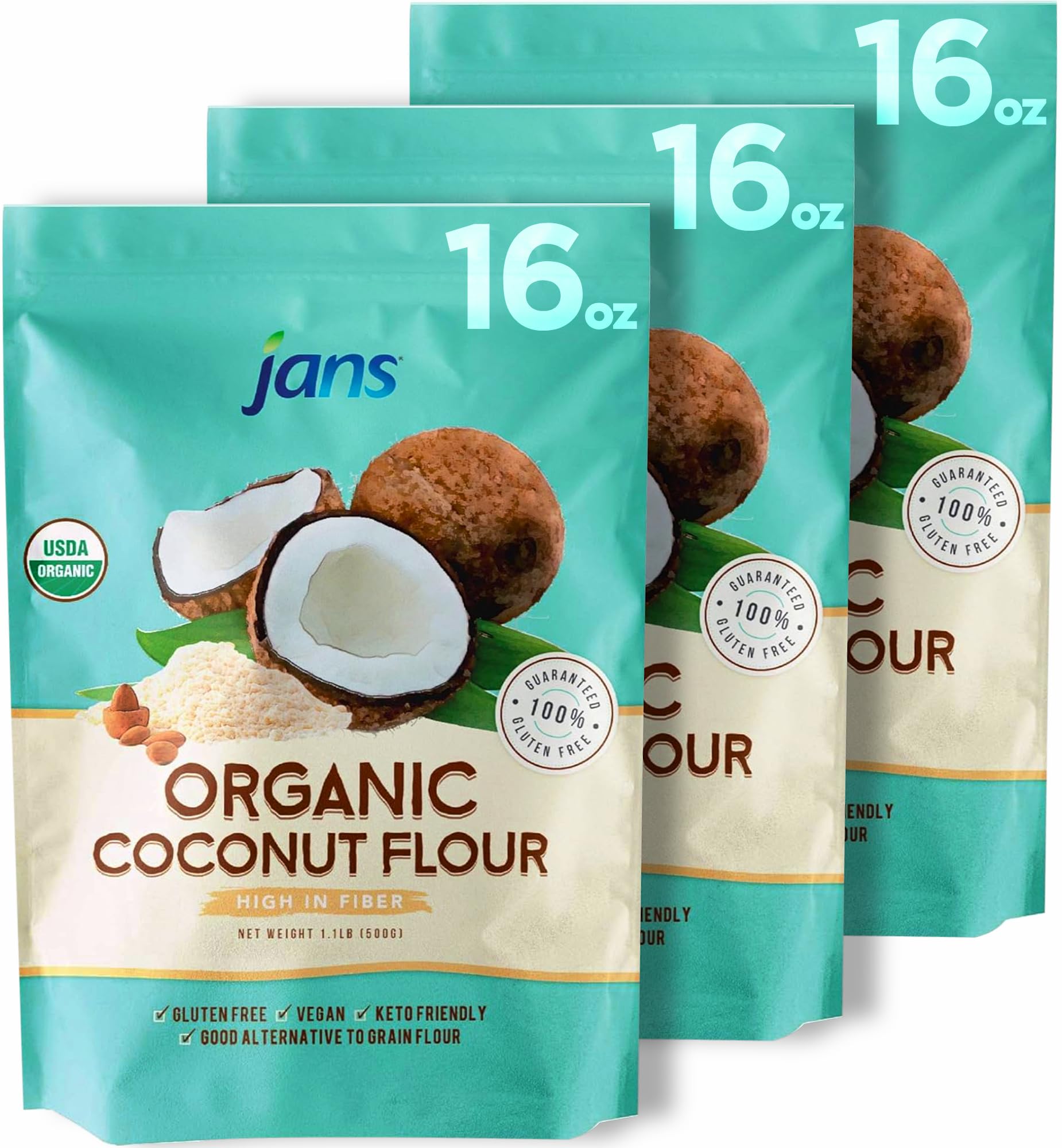 Jans Organic Coconut Flour 1.1 lb (Pack of 3) Gluten-Free | Certified Organic | Keto, Paleo, & Vegan Approved | Ideal Low Carb Substitute | Rich in Fiber | Unbleached & Unrefined | Perfect for Baking