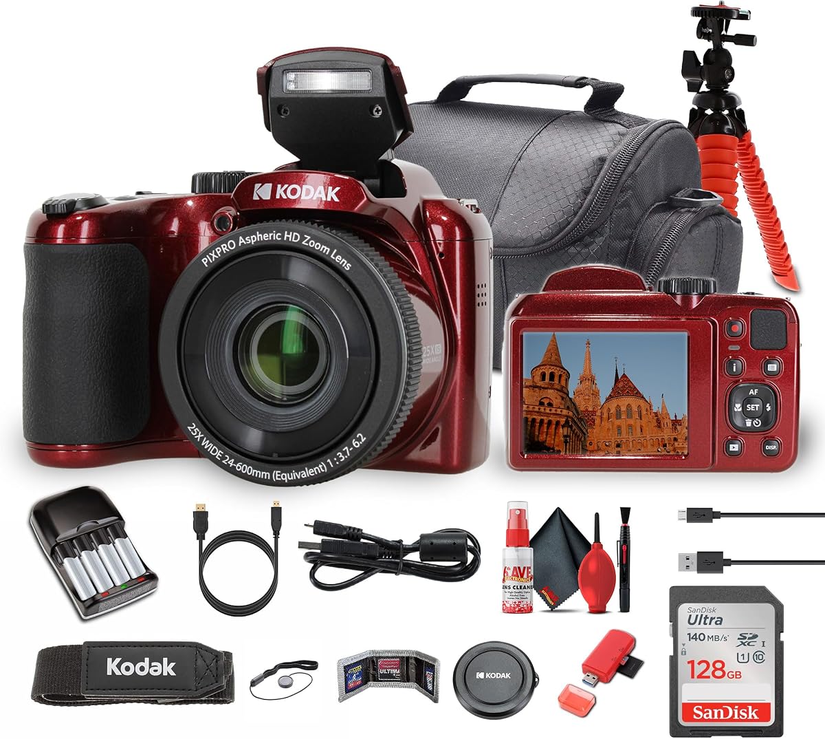 Pixpro AZ255 Digital Camera in Red (AZ255RD) Bundle Including: 128 GB Memory Card, Rechargeable Batteries, Case, Flexible Tripod, Neck Strap, Lens Caps, Full Cleaning Kit, More Accessories