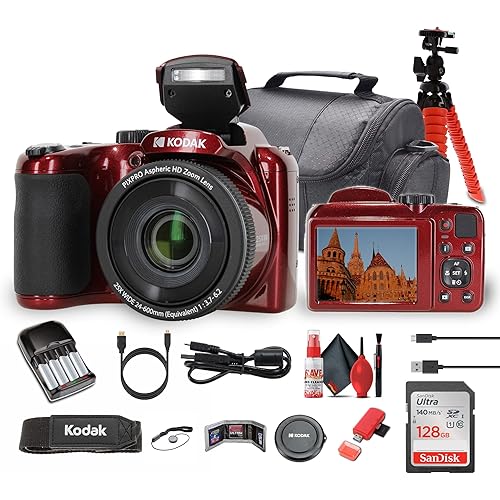 Kodak Pixpro AZ255 Digital Camera in Red (AZ255RD) Bundle Including: 128 GB Memory Card, Rechargeable Batteries, Case, Flexible Tripod, Neck Strap, Lens Caps, Full Cleaning Kit, More Accessories