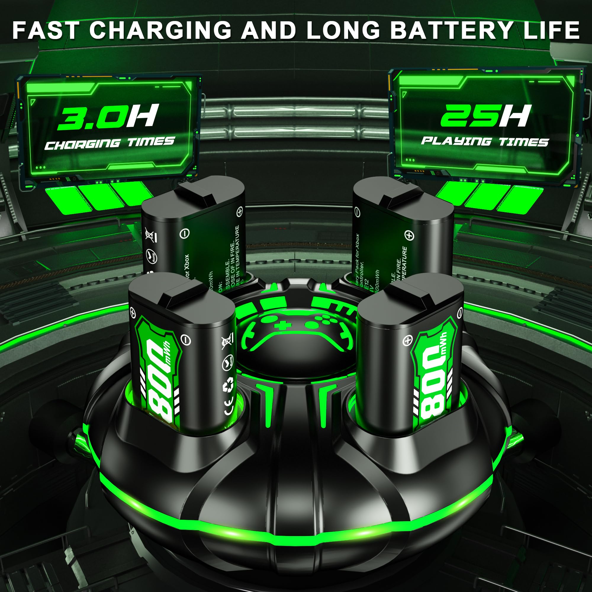 Ukor Ricarica rapida 4 batterie ricaricabili da 2000 mAh con caricabatterie per controller Xbox Batterie ricaricabili Accessori Xbox per Xbox One/Xbox Series X|S Xbox One S/Xbox One X/Xbox One Elite