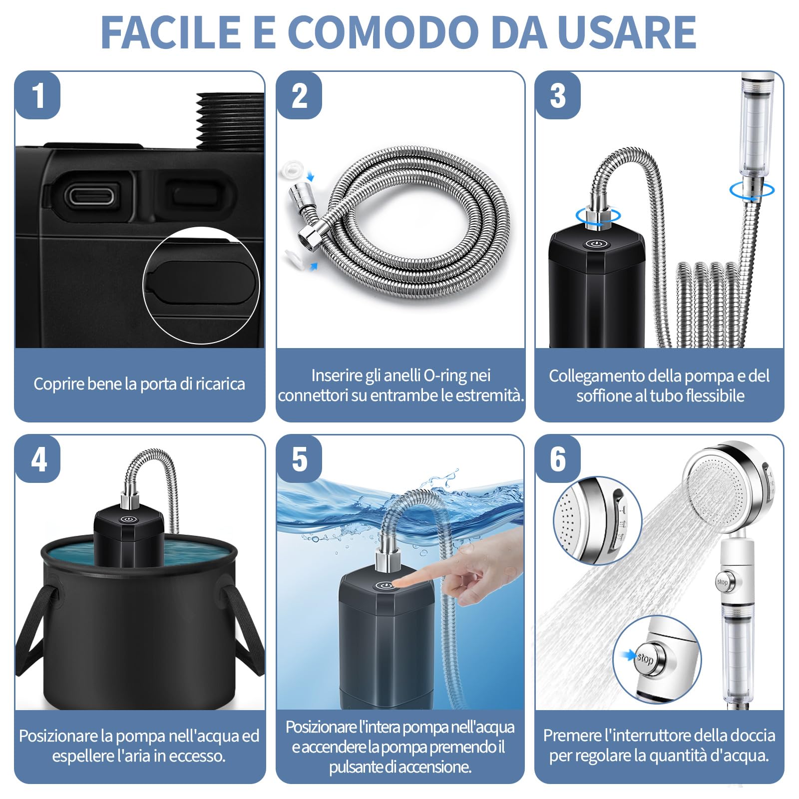 YOOHBERRYS Doccia Portatile, Doccia Campeggio Aggiornata con 20L Secchio Pieghevole Doccia Elettrica con Batteria da 6000 mAh, Doccia Filtrabile, Display Ddella Temperatura per Giardino, Campeggio
