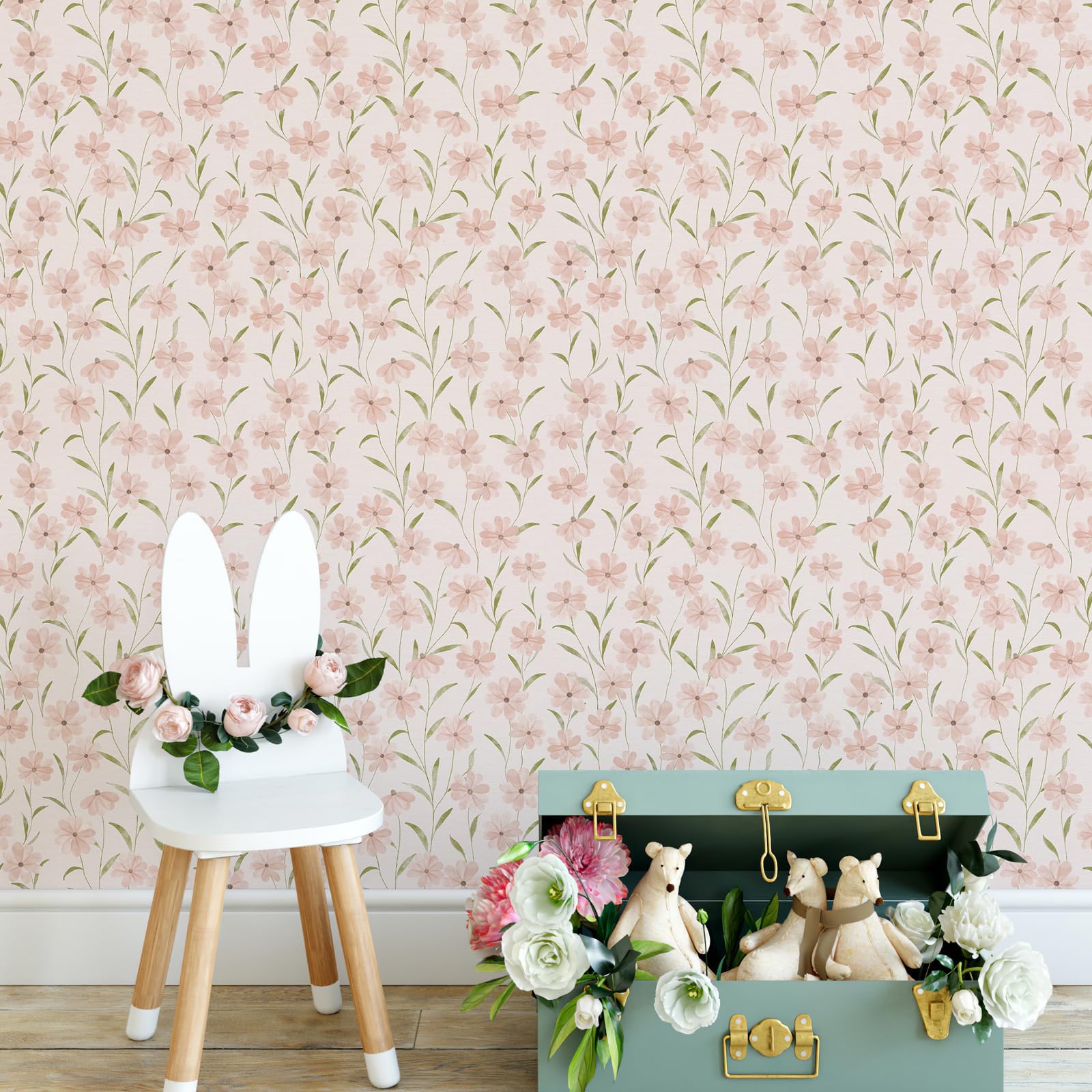 Pink Floral Wallpaper Peel and Stick, Vintage Wildflower Contact Papper for Girls Kids Bedroom, Botanical Flower Farmhouse Self Adhesive Wall Paper Bathroom Furniture 236.2" X17.3"(29 sq. ft)