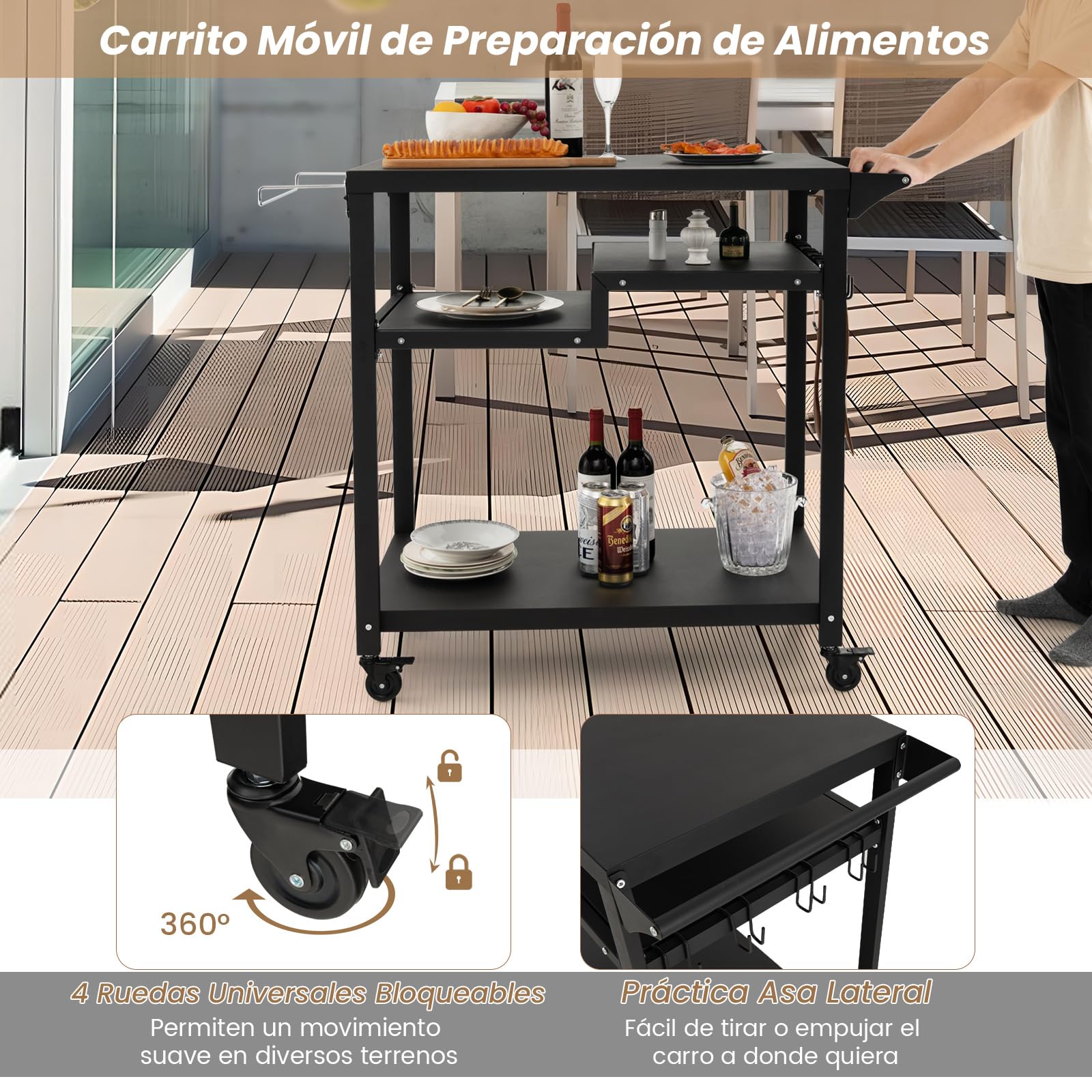 COSTWAY Carro de Barbacoa para Exteriores, Carro de Cocina móvil con 4 Ruedas, Carrito Móvil con 3 Estantes, Tablero de Metal, Carro de Servicio, Carrito Portátil (3 estantes)
