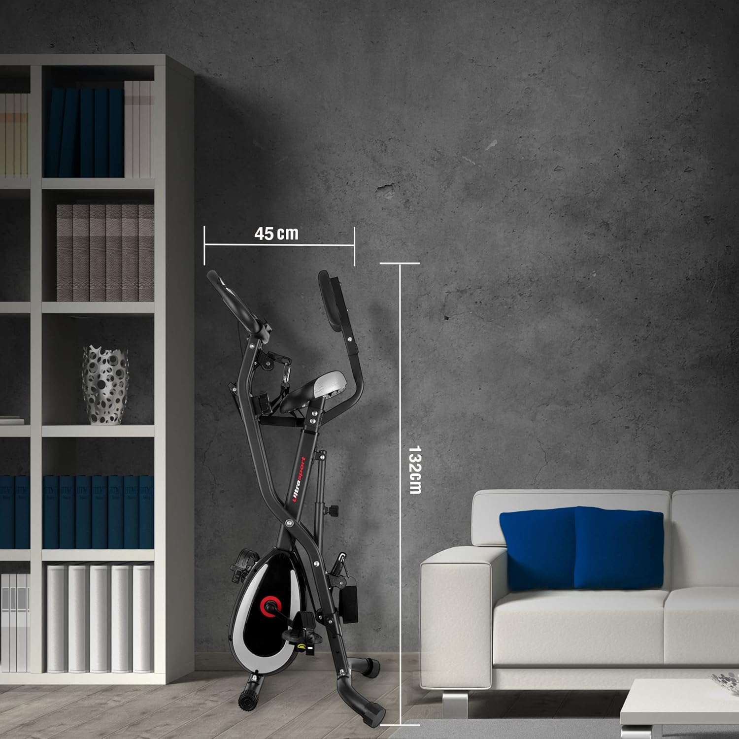Ultrasport F-Bike 400BS in folded position with dimensions: 45 cm width, 132 cm height