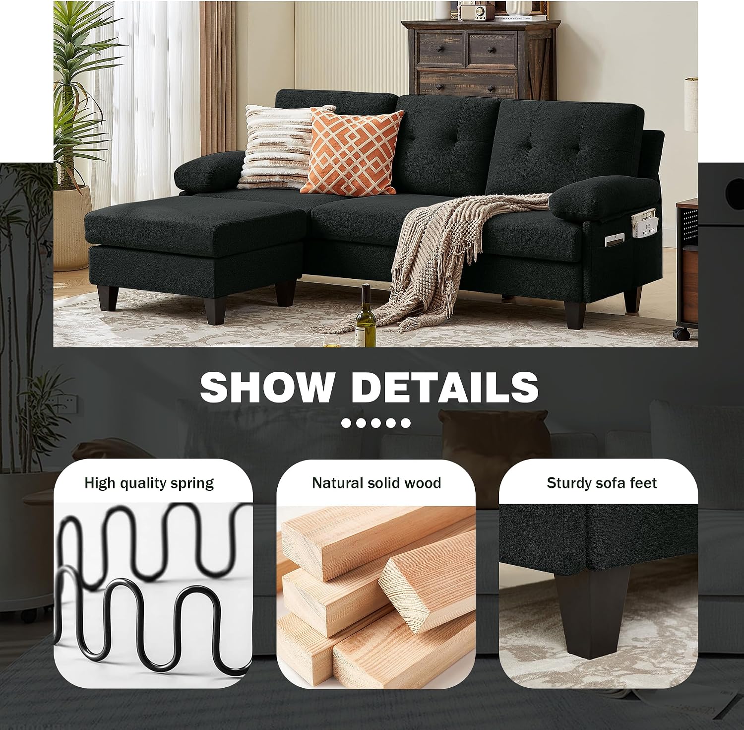 Image showing detailed construction elements: high-quality spring, natural solid wood, and sturdy sofa feet.