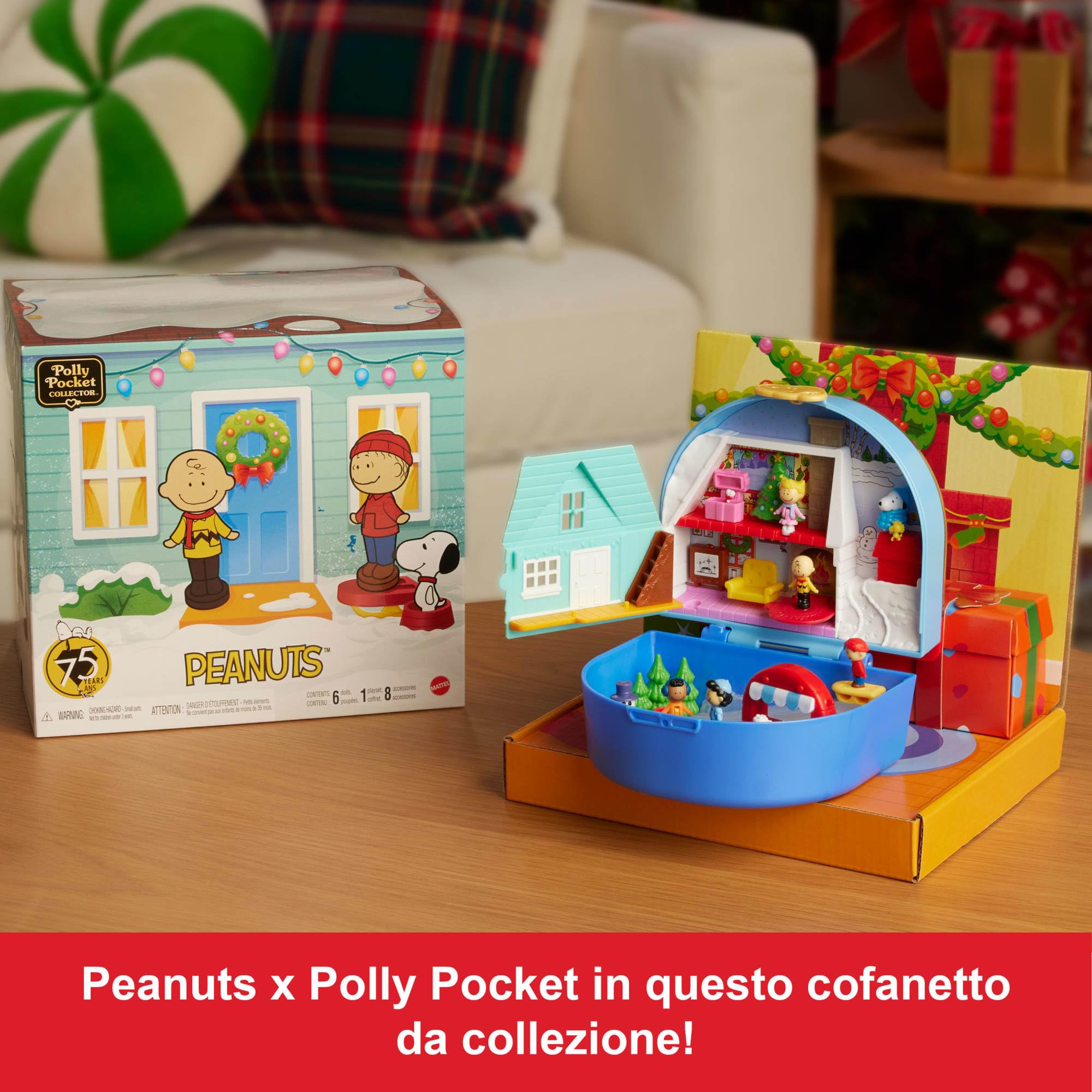 Polly Pocket x Peanuts - Cofanetto da collezione, set con 2 micro bambole Snoopy e Woodstock, 4 luoghi iconici e 7 accessori a tema inclusi, giocattolo per bambini, 4+ anni, JFV05