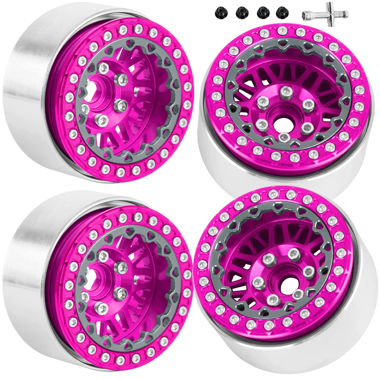 RCarmubWow RC 1.9" Beadlock Wheels 1.9 Beadlock Rims for 1/10 SCX10 90046 AX103007 TRX4 TRX6 Gen7 8 D90 VS4-10 MST CFX RC Crawler,Alloy Aluminium 1.9 rc Wheels 1.9 rc Rims w/Wheels Ring,Pink