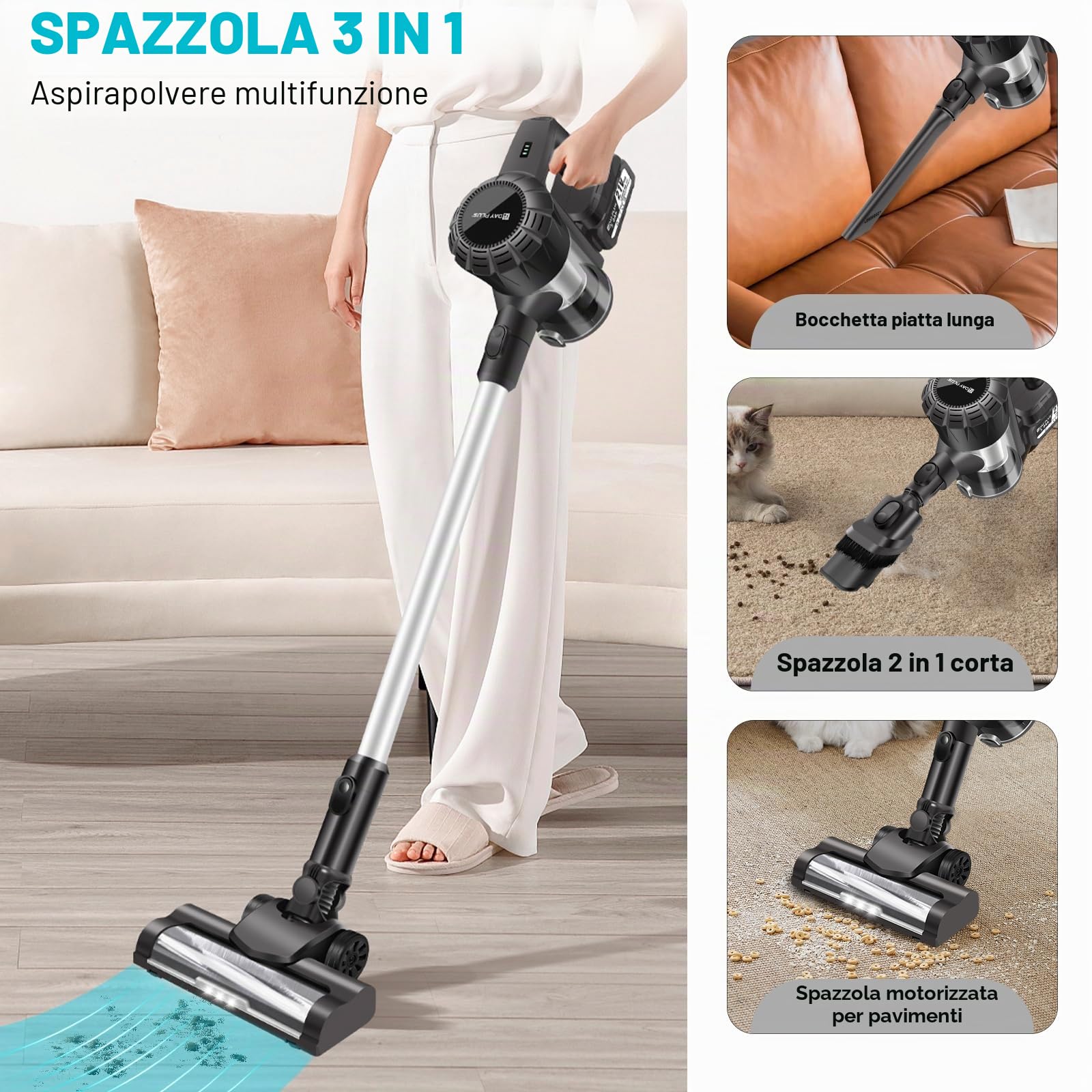 Aspirapolvere senza fili, 15000Pa, con doppia batteria e supporto da parete, potente aspirapolvere con faro a LED per peli di animali, tappeti, pavimenti duri